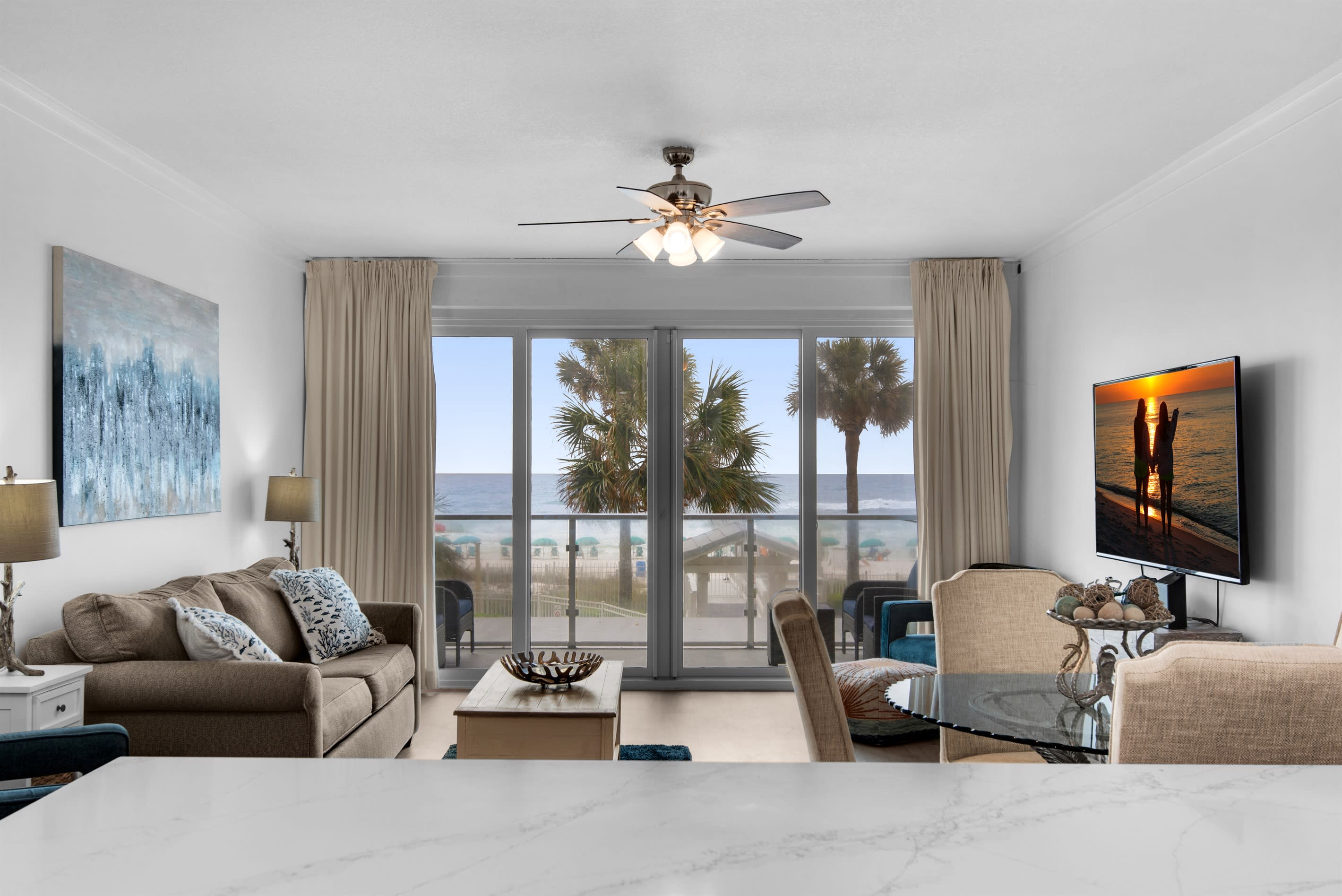 Living room with Gulf backdrop
