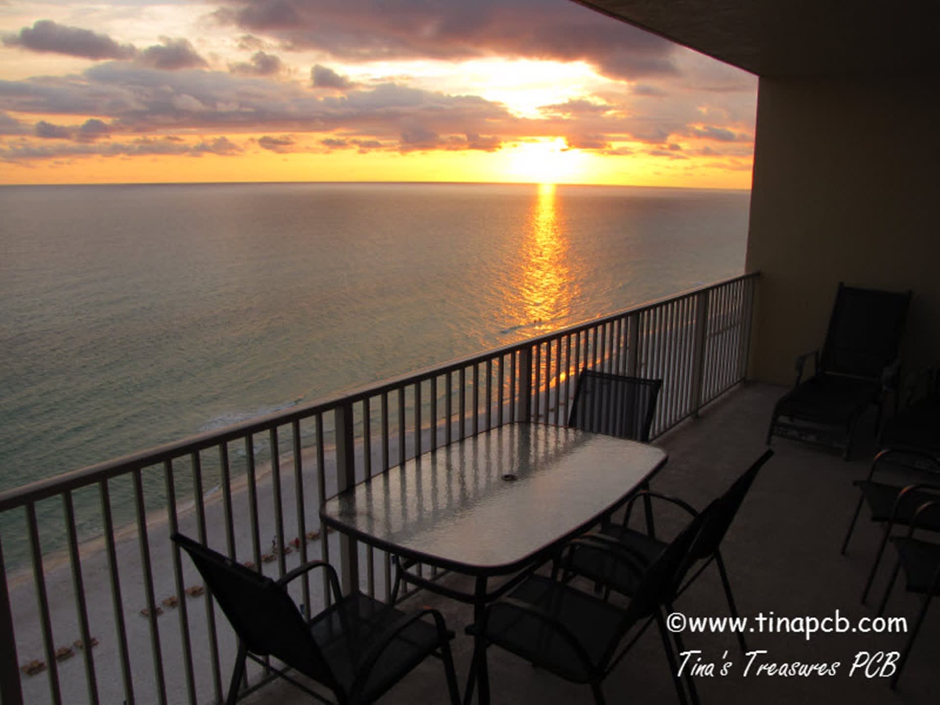 View at sunset looking west at Gulf of Mexico from our oversized 719 sq wrap around balcony