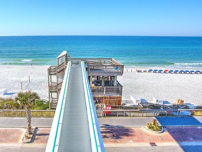 SkyBridge on the 1st floor pool deck takes you to the Pristine white sandy beach &amp; Emerald green wtaers of the Gulf of Mexico. Voted 1 of the top 10 beach in the world. ENJOY!!