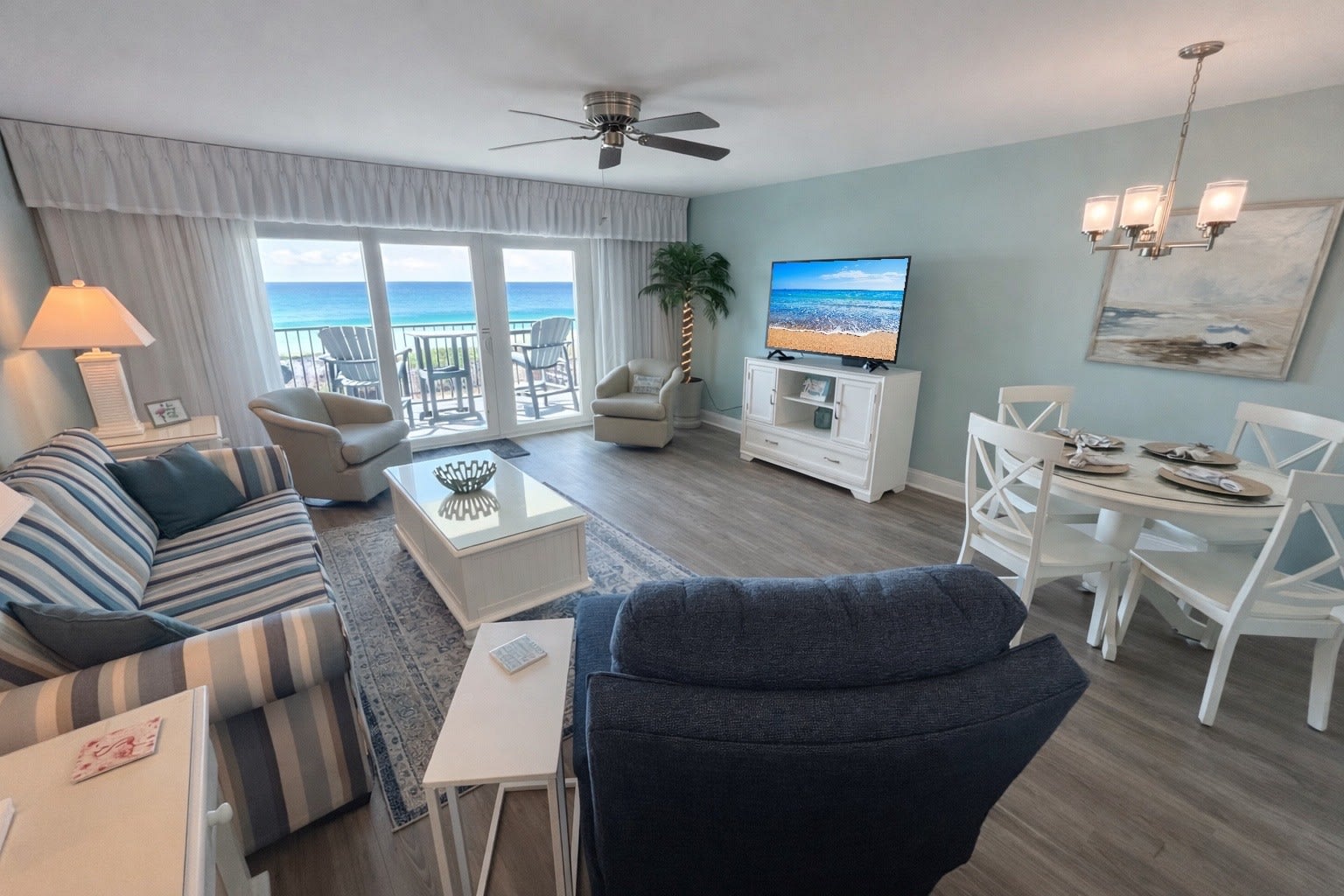 Relaxing and updated  living room area with a view of the Gulf.