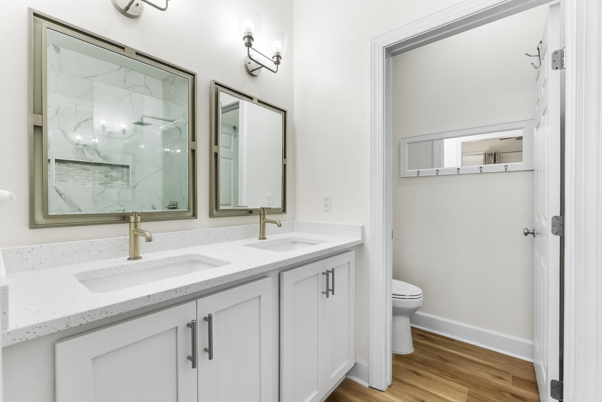 Master bath with twin vanity sinks