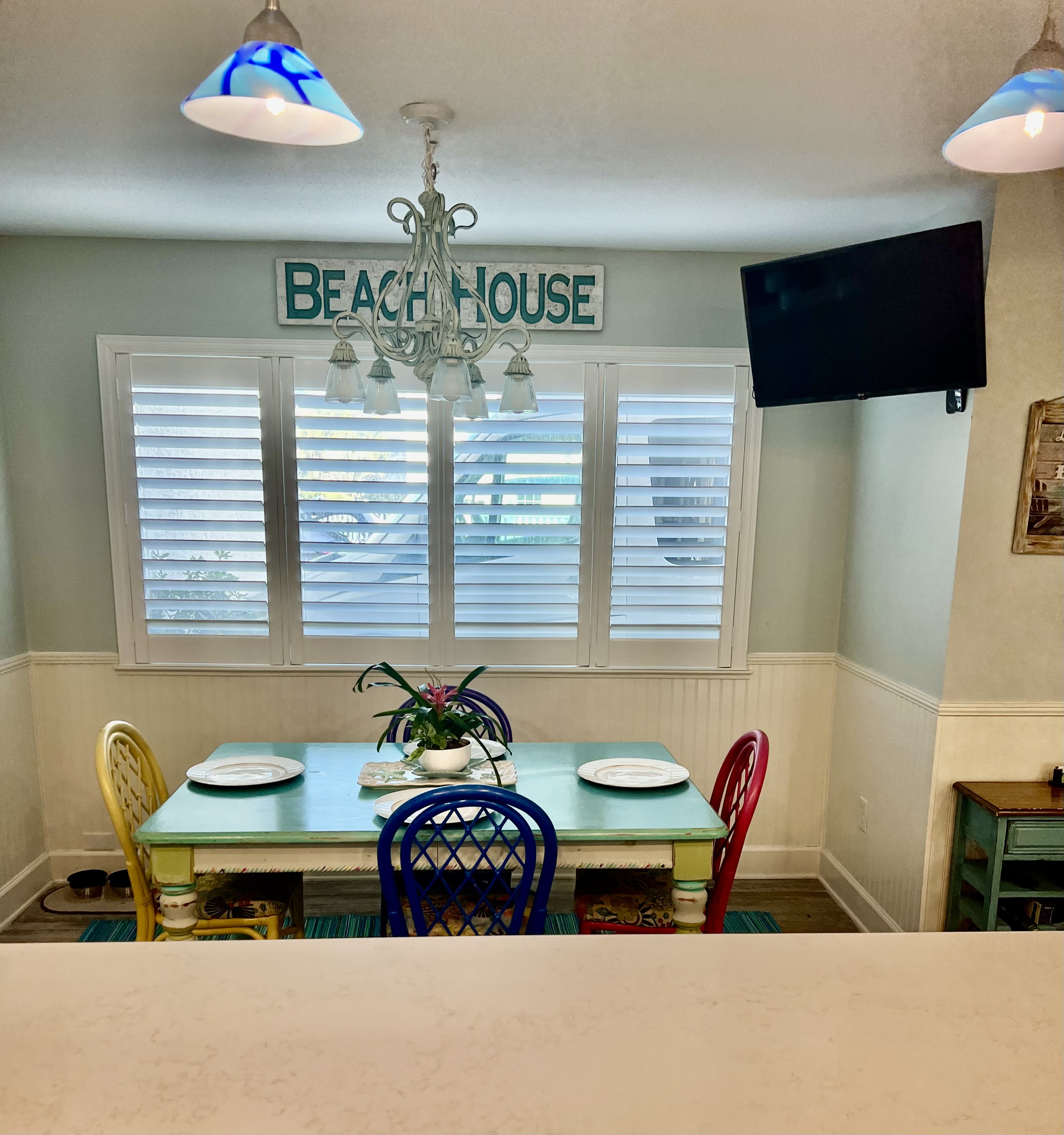 Get your beach vibe going in the kitchen each morning.  New smart tv.