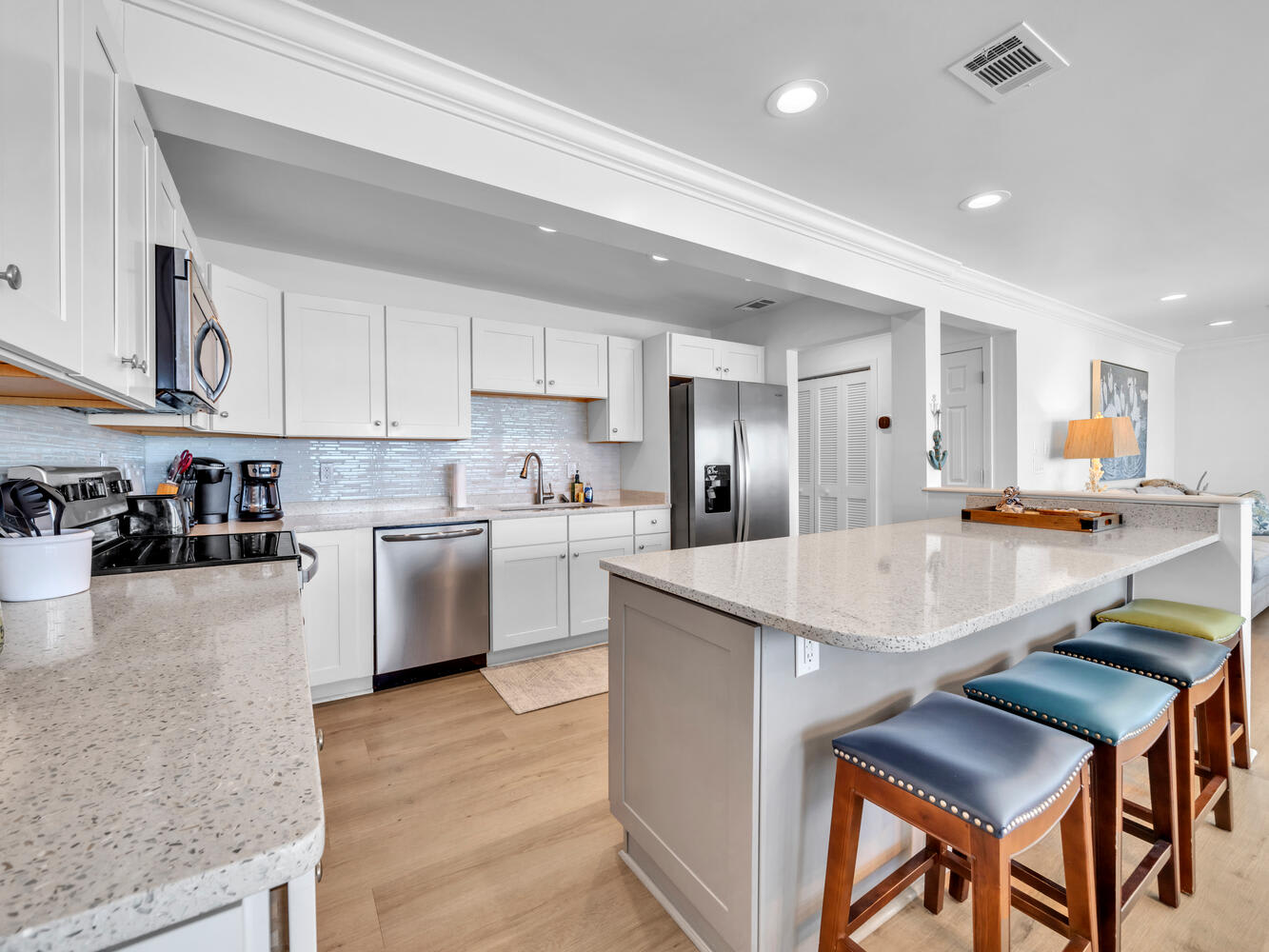 Seating available at kitchen counter which is made partially from crushed shells