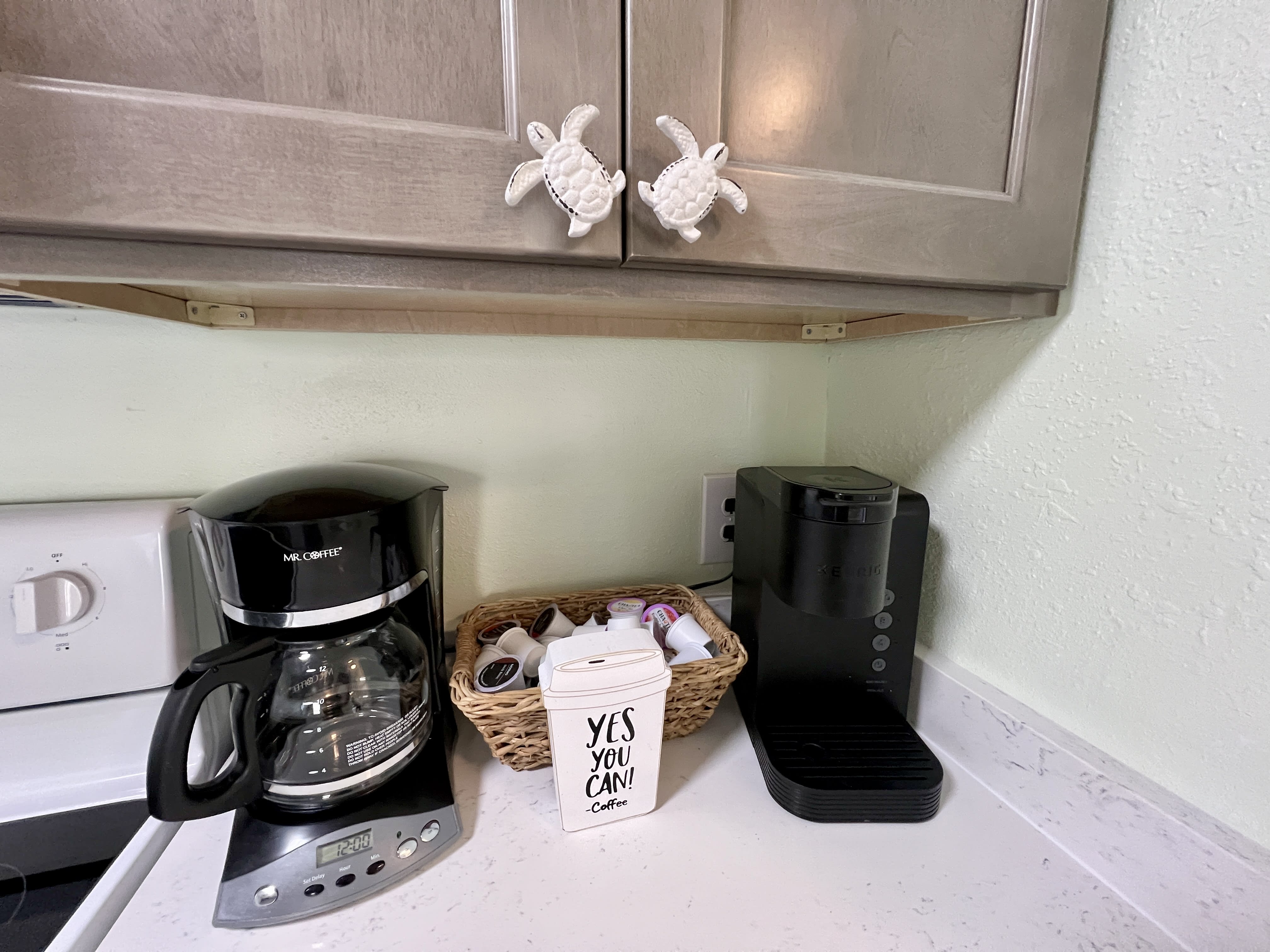 Brew your own coffee in our standard coffee maker. Or you can enjoy our complimentary tea and coffee K-cups in the Kuerig.