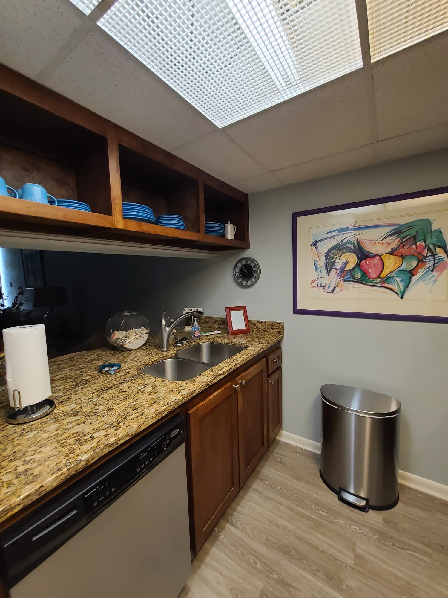 Kitchen with beach view and all dishes, utensils, cookware