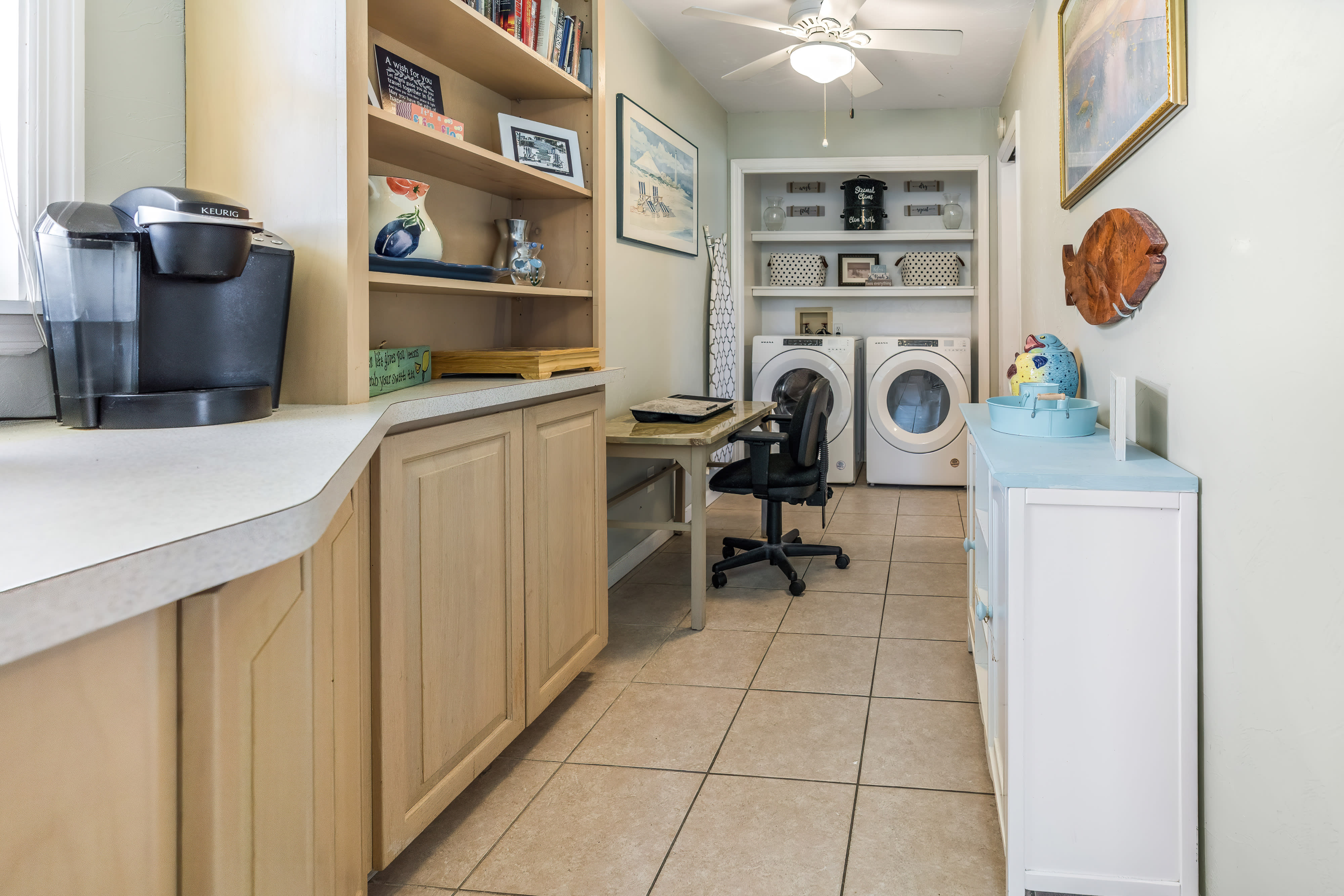 Coffee bar, pantry, office desk and laundry area