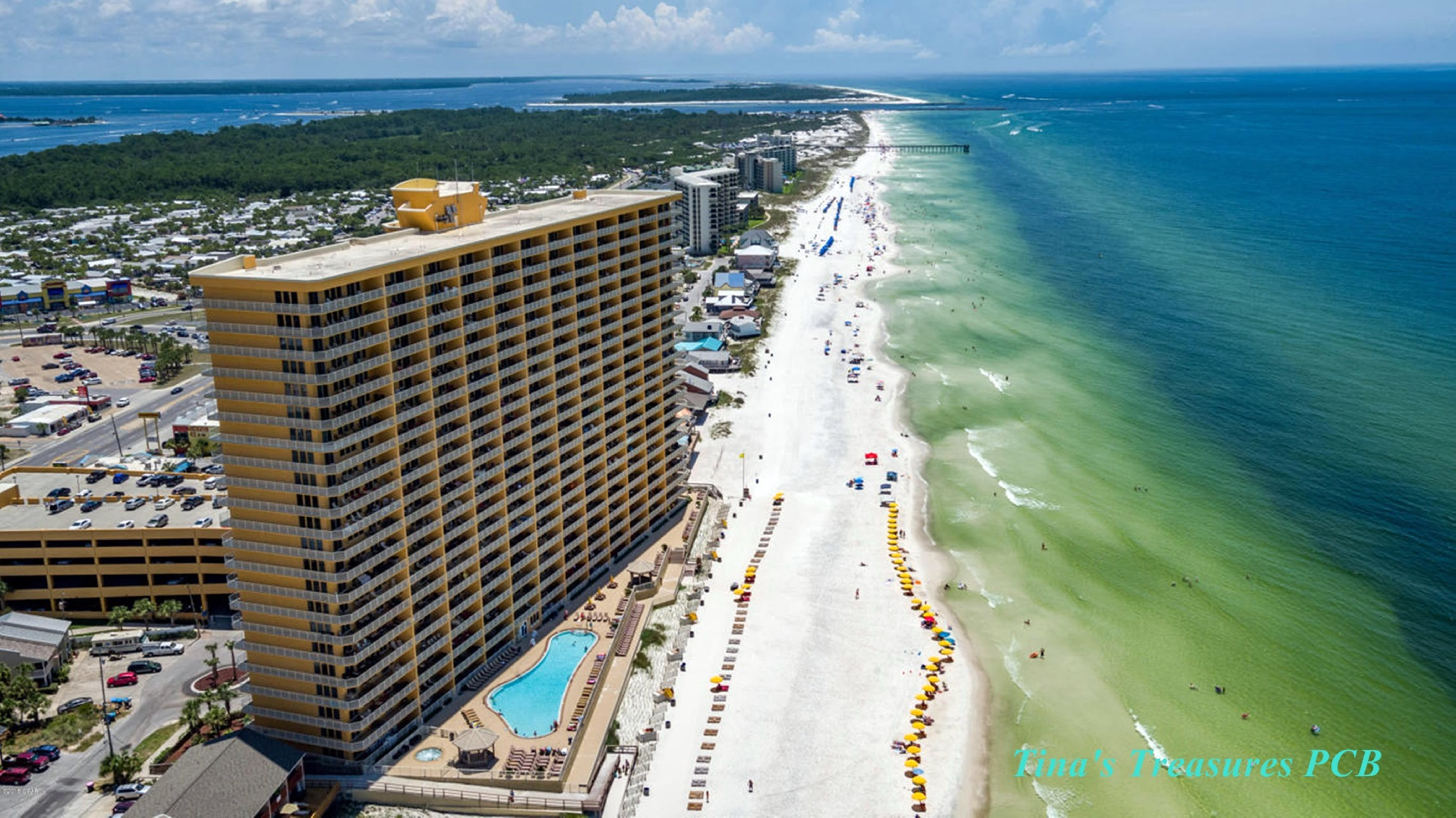 View of Treasure Island Resort from the air looking east over the Gulf of Mexico