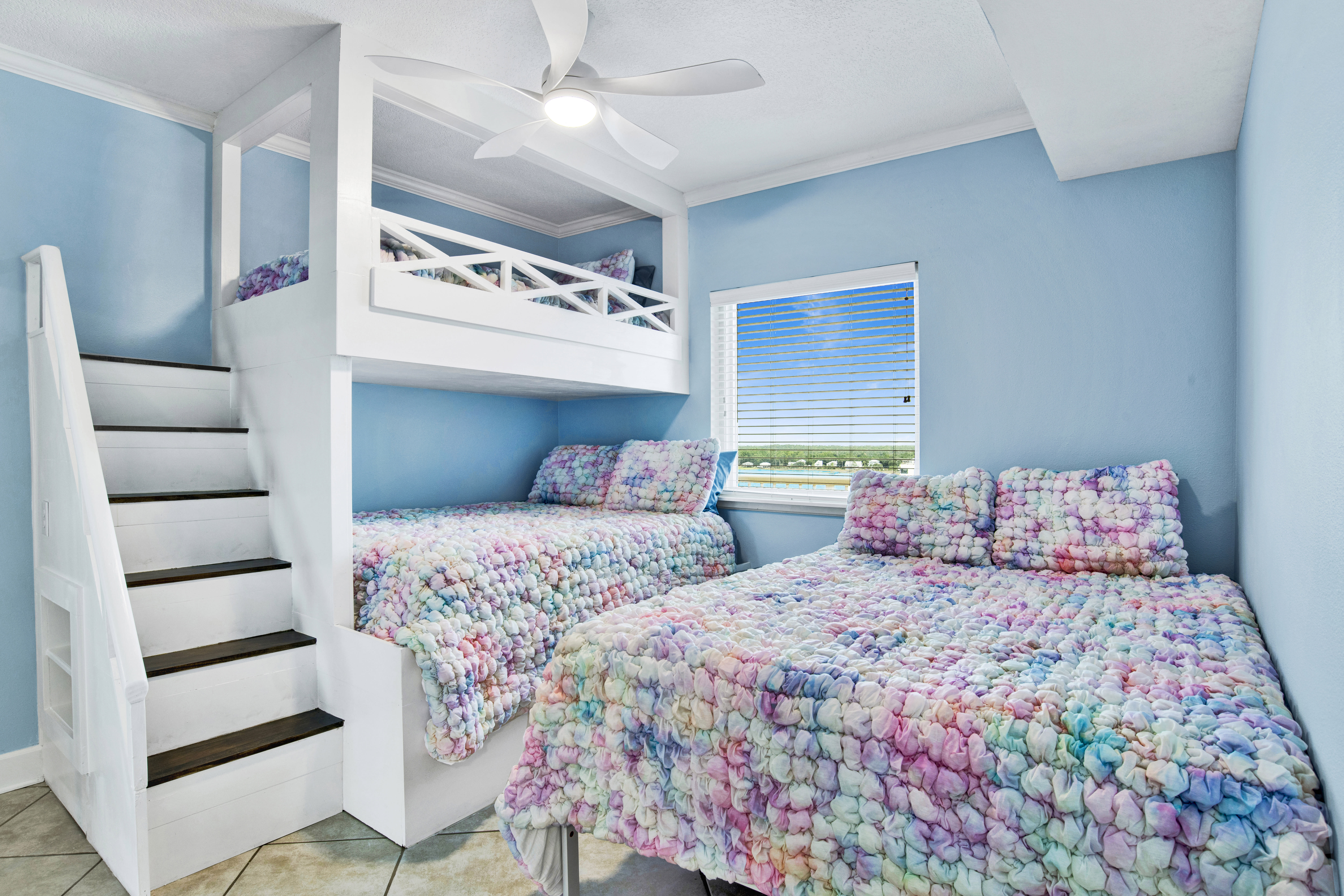 Brand new bunk room with 2 queen beds and one twin with a private bath &amp; 2 sinks