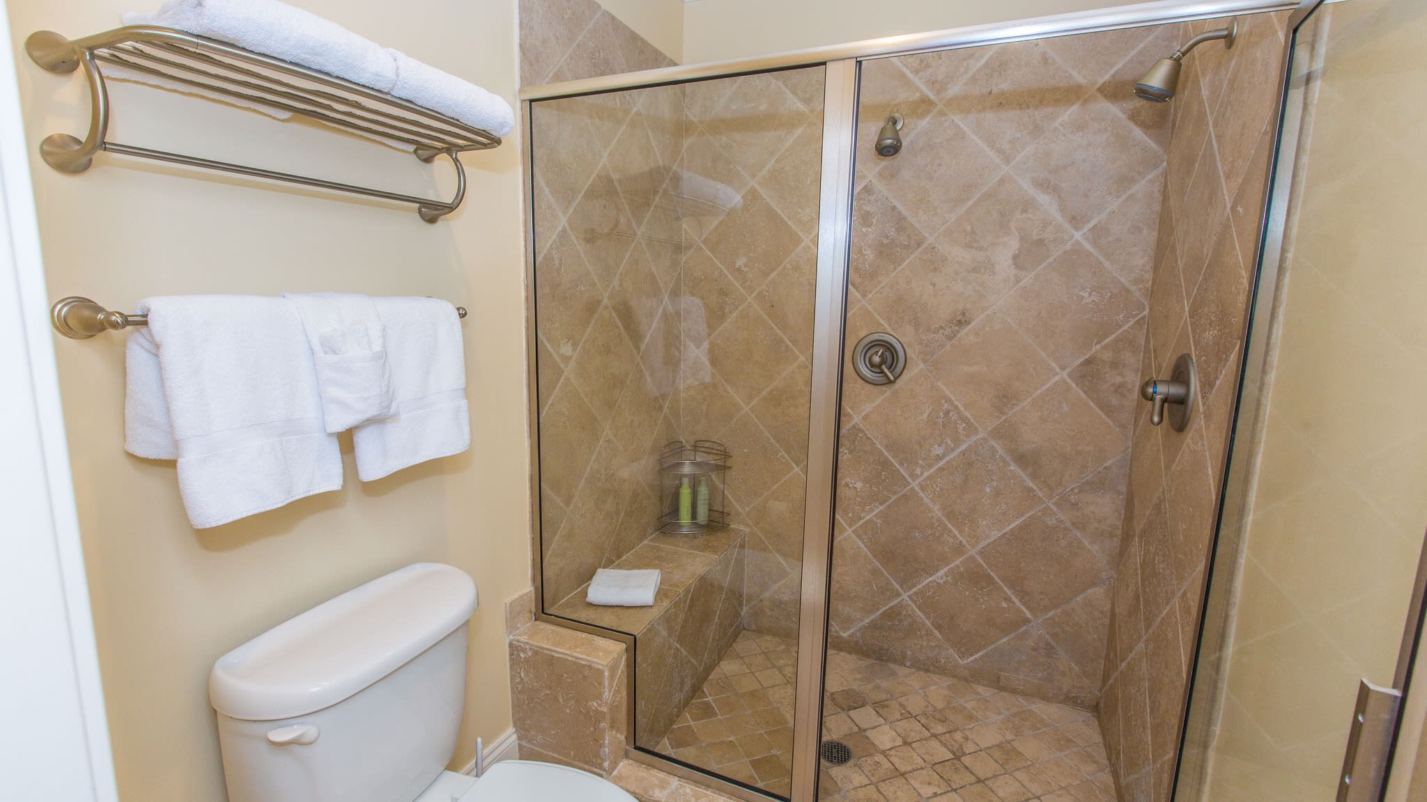 Large master bath shower with dual shower heads