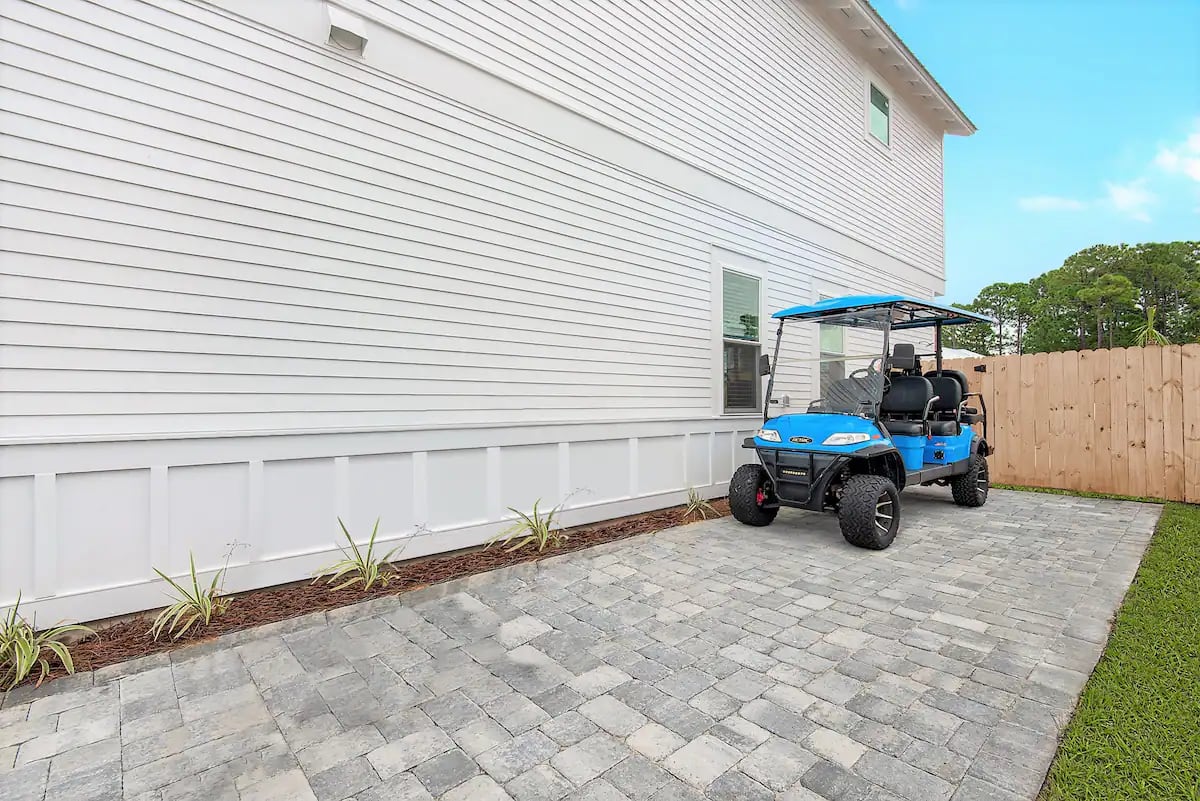 Bliss-6 new 6 seat golf cart makes the 4 minute ride to our area's largest, widest, snow-white beaches so much fun that you might enjoy the journey just as much as the destination. And, you can put your wallet away! Bliss includes 4 free bikes!