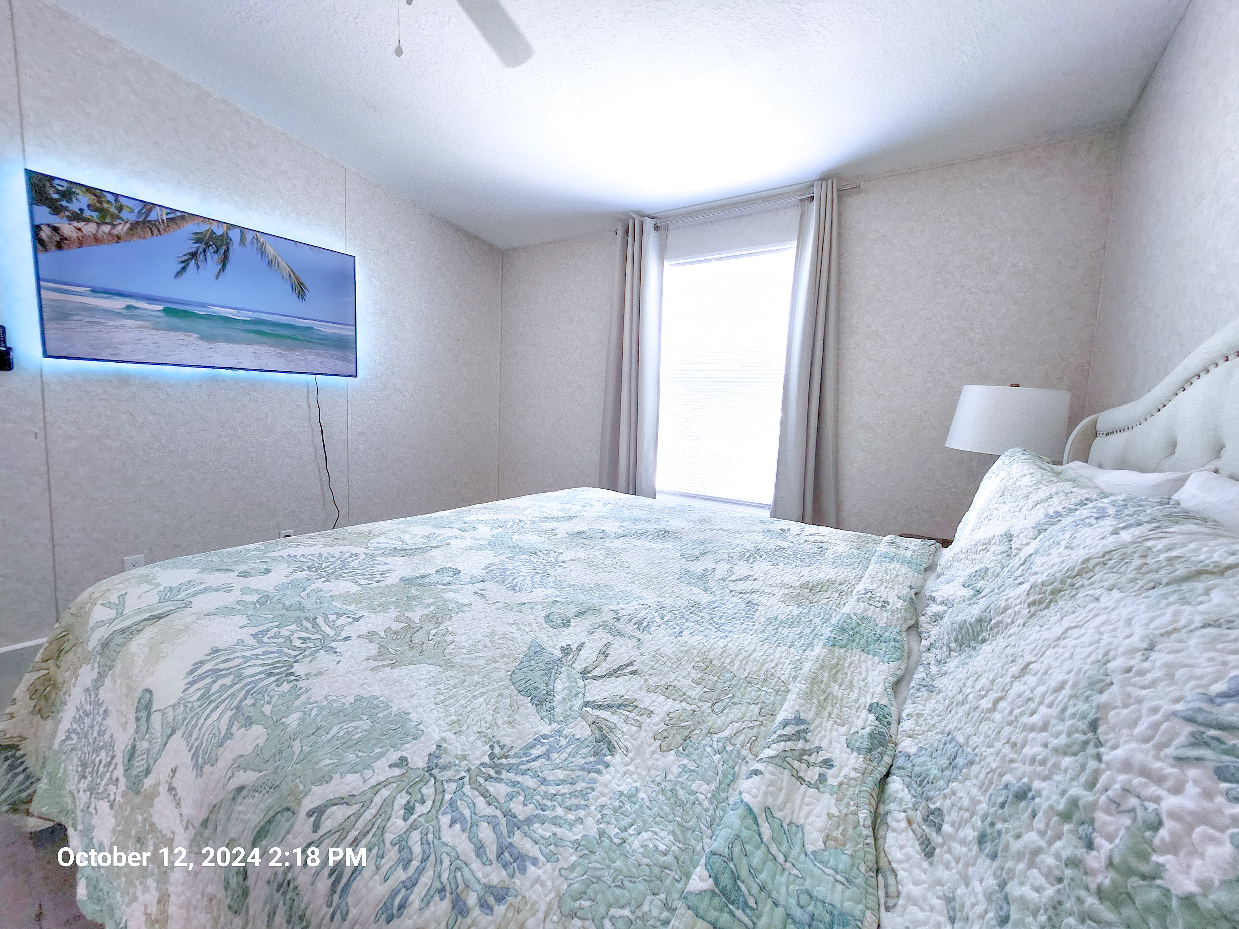 Master Bedroom with King Size Bed, ceiling fan, power strips for electronic devices, and a 55" Samsung Smart TV.