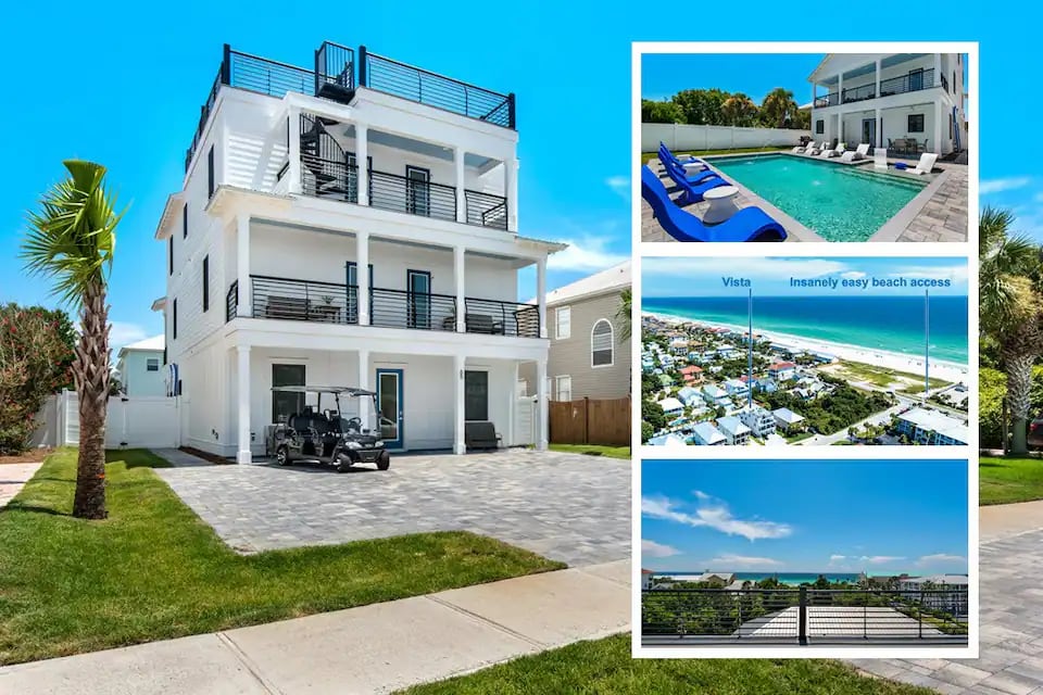 Vista-1 Just listed! brand new (2023 build) designer 8 bedroom ocean view home with a massive 4th floor ocean view rooftop deck, private pool, free golf cart and elevator. Sleeps 19 (not including sofas). Only 351 feet to Destin&rsquo;s famous beach!
