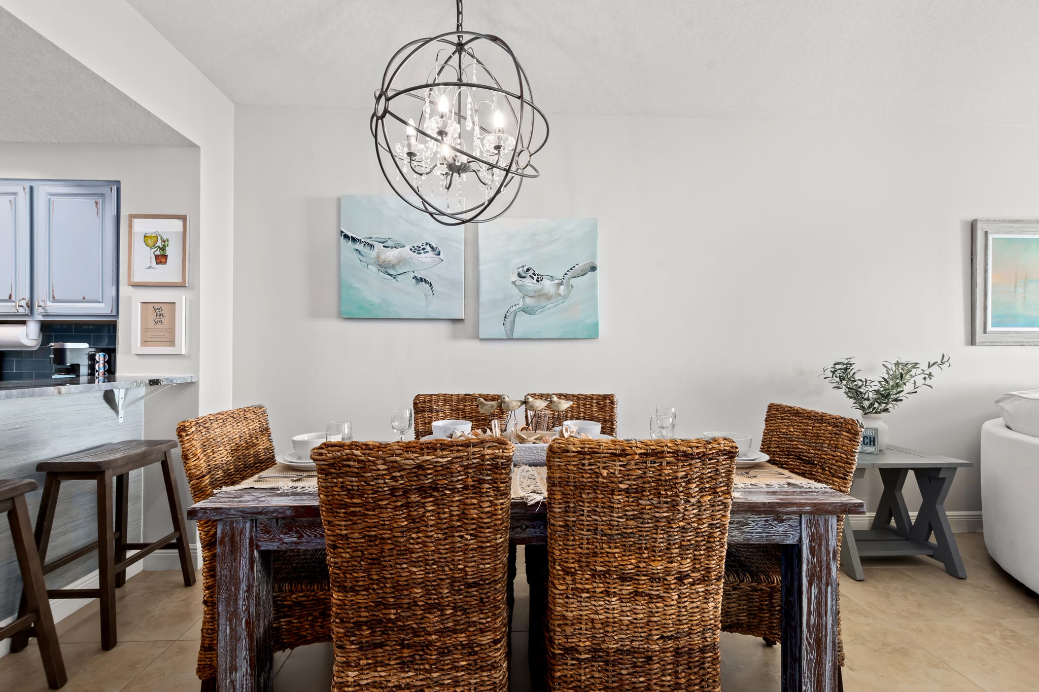 [Dining Room] Behind you is a hutch loaded with dishes and margarita glasses!