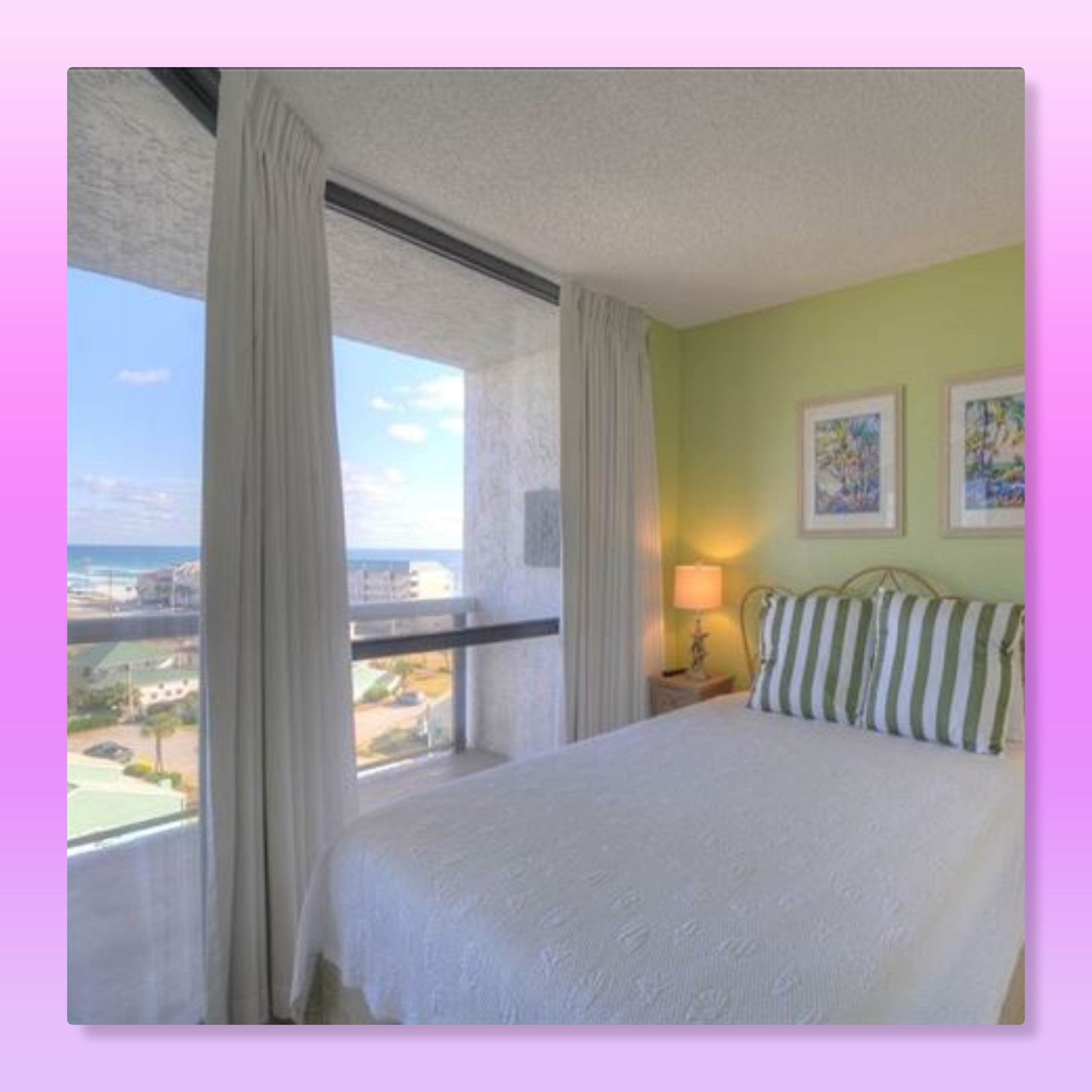 The adorable 2nd bedroom features a full sized bed and great views!