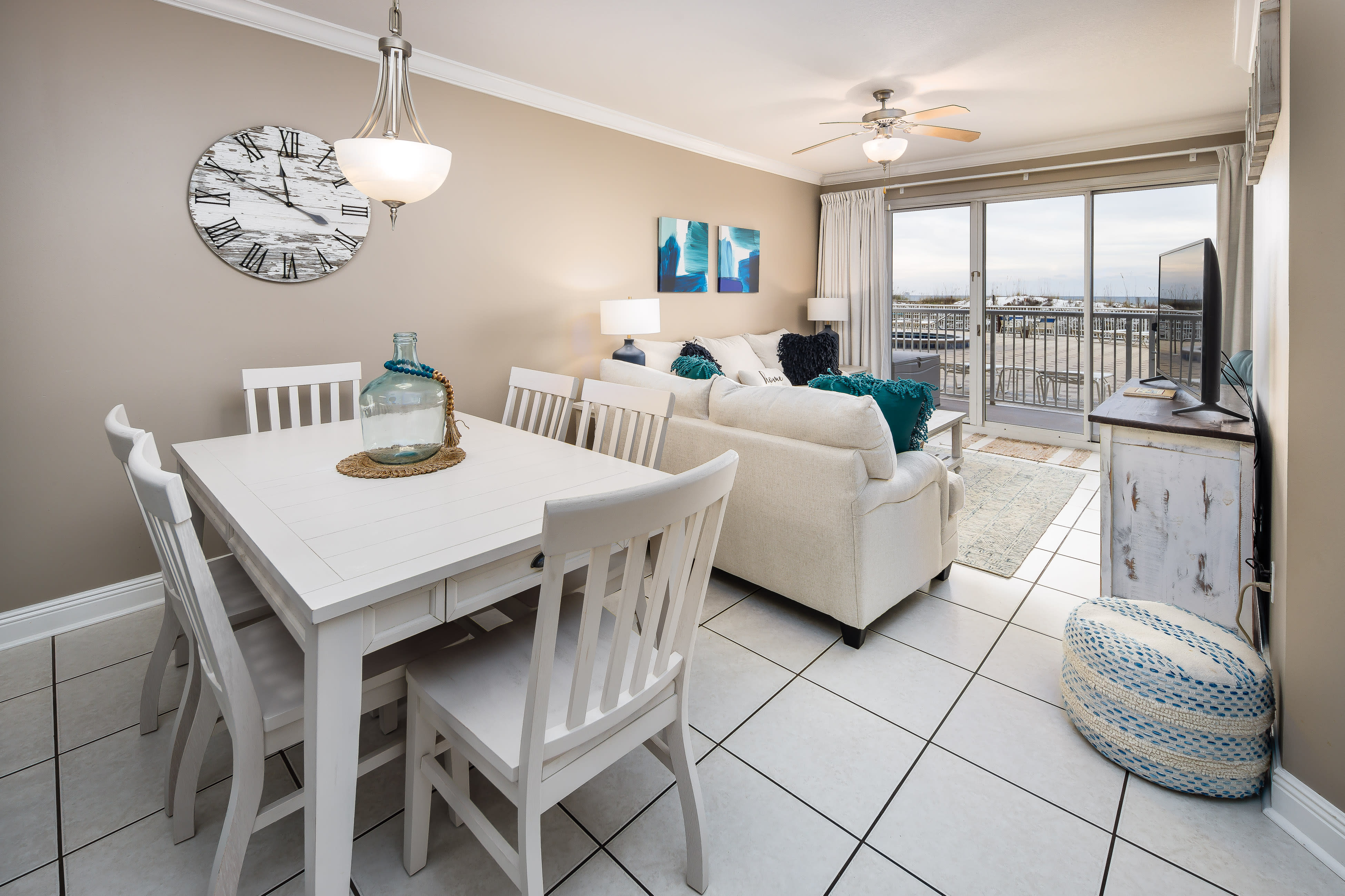 Enjoy the view from our Gulf front living room, dining area, and kitchen!
