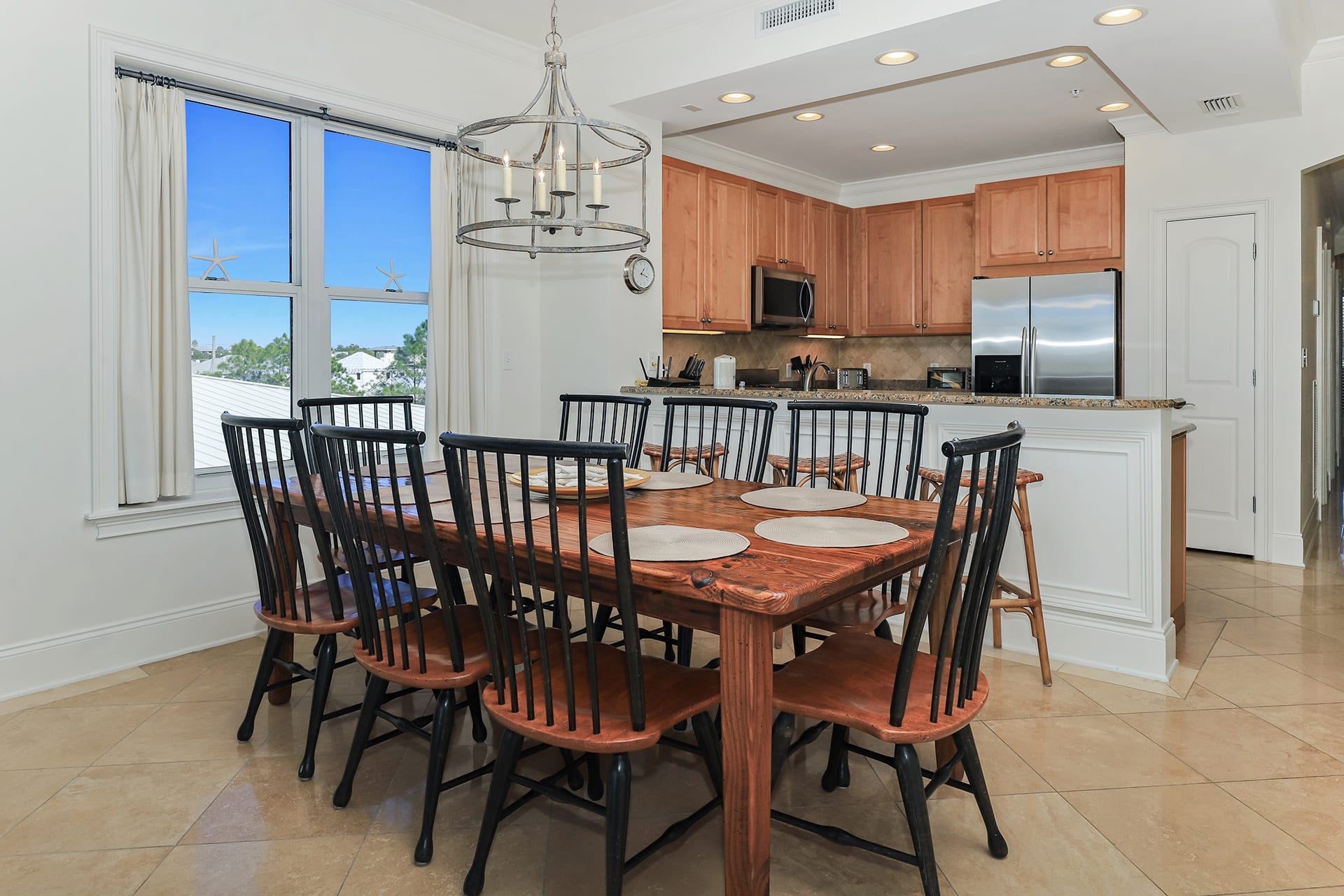 Dining room table made from antique pier planking with seating for 8!