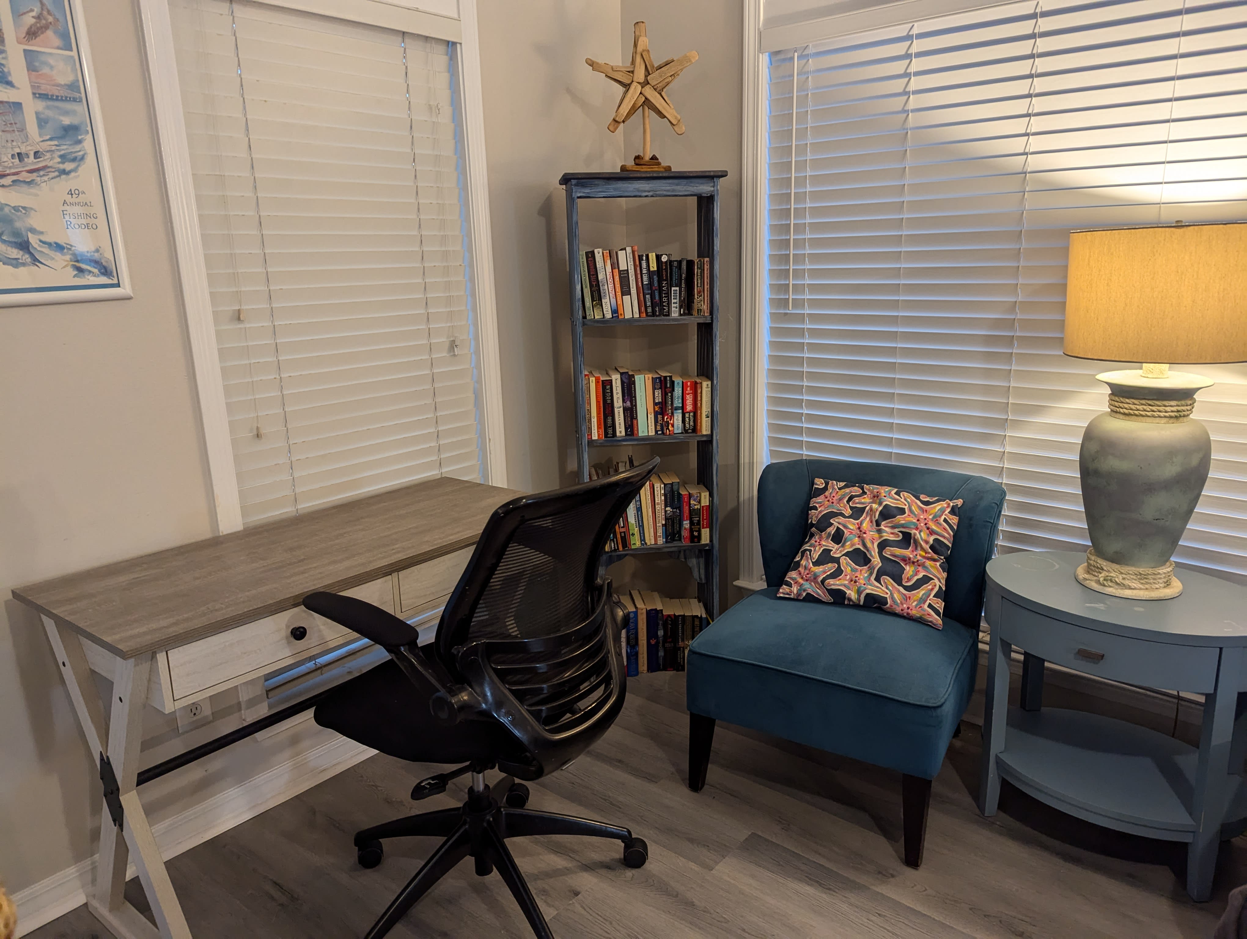 The book nook has a desk for reading and charging your devices.