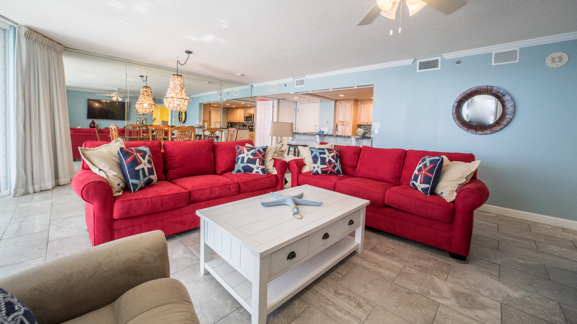Comfortable seating w/ocean view, Large sliding doors to tiled balcony