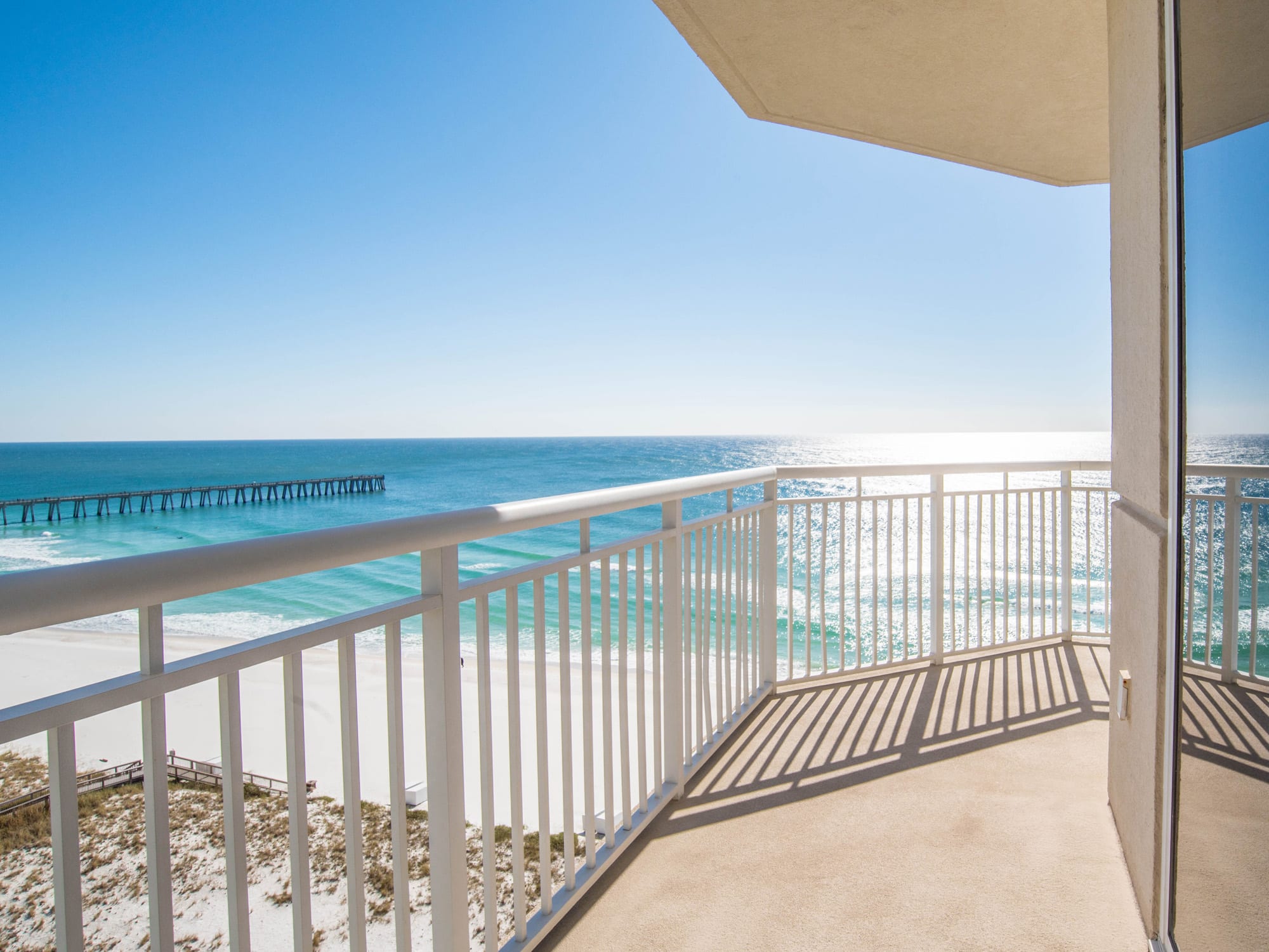View of the Gulf of Mexico and fishing pier from the wraparound balcony.