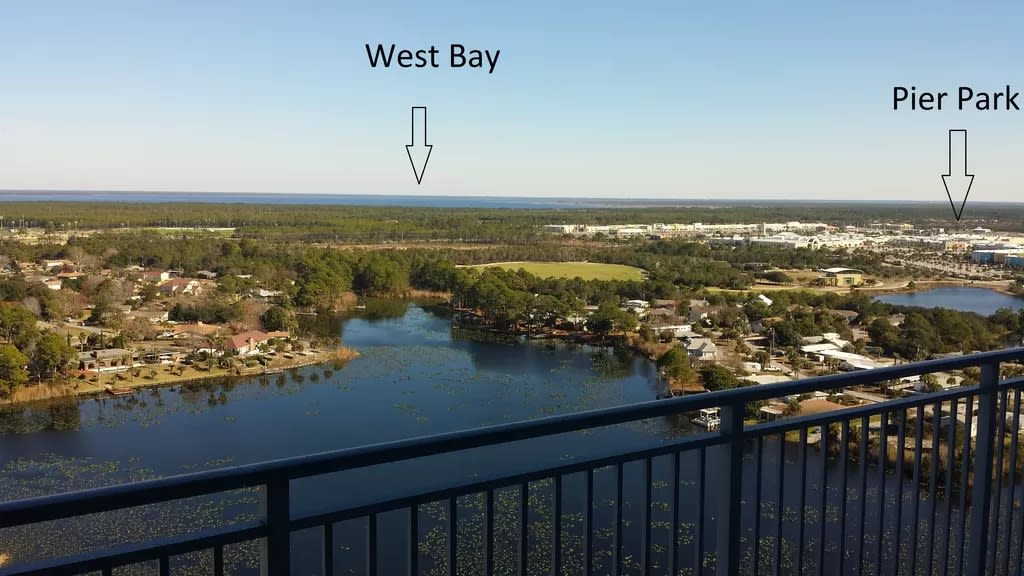View from street side showing Lulwater Lake, West Bay, Pier Park, Frank Brown Pk