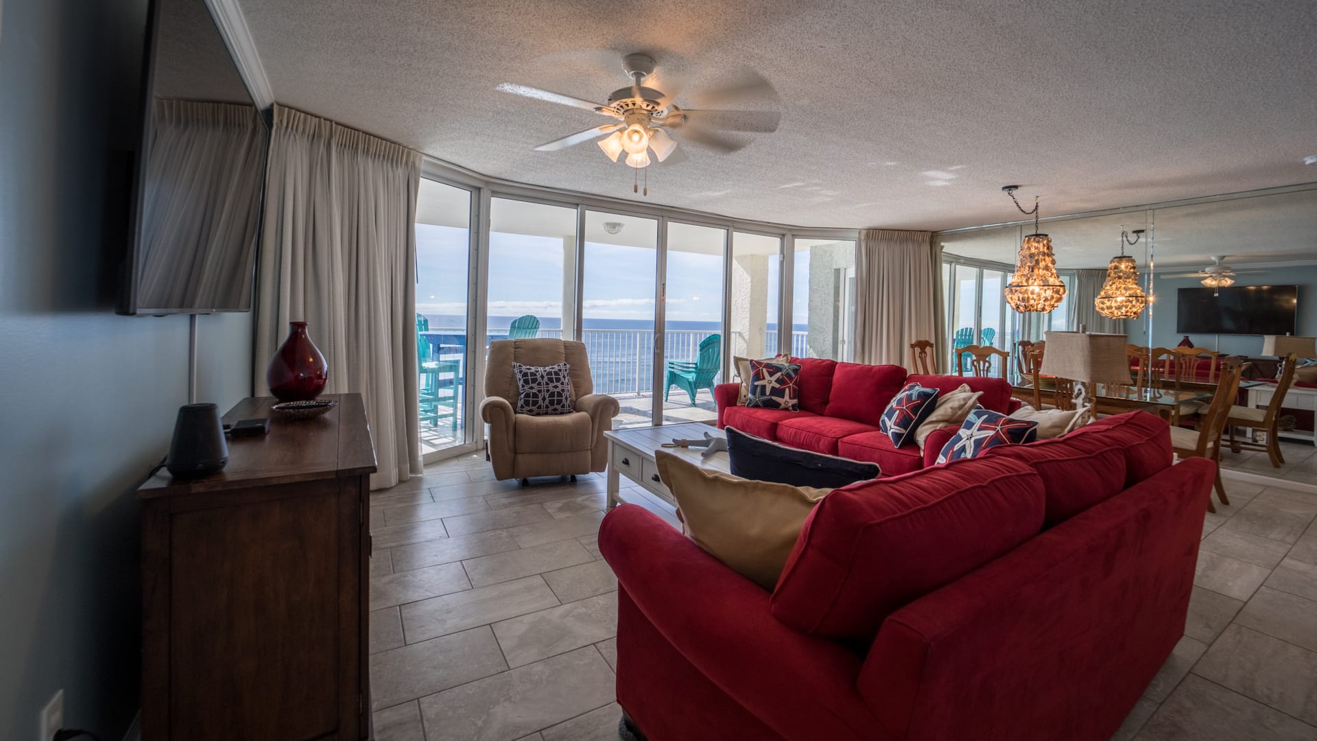 It's all about the view.  Large 65" screen mounted smart TV with cable.