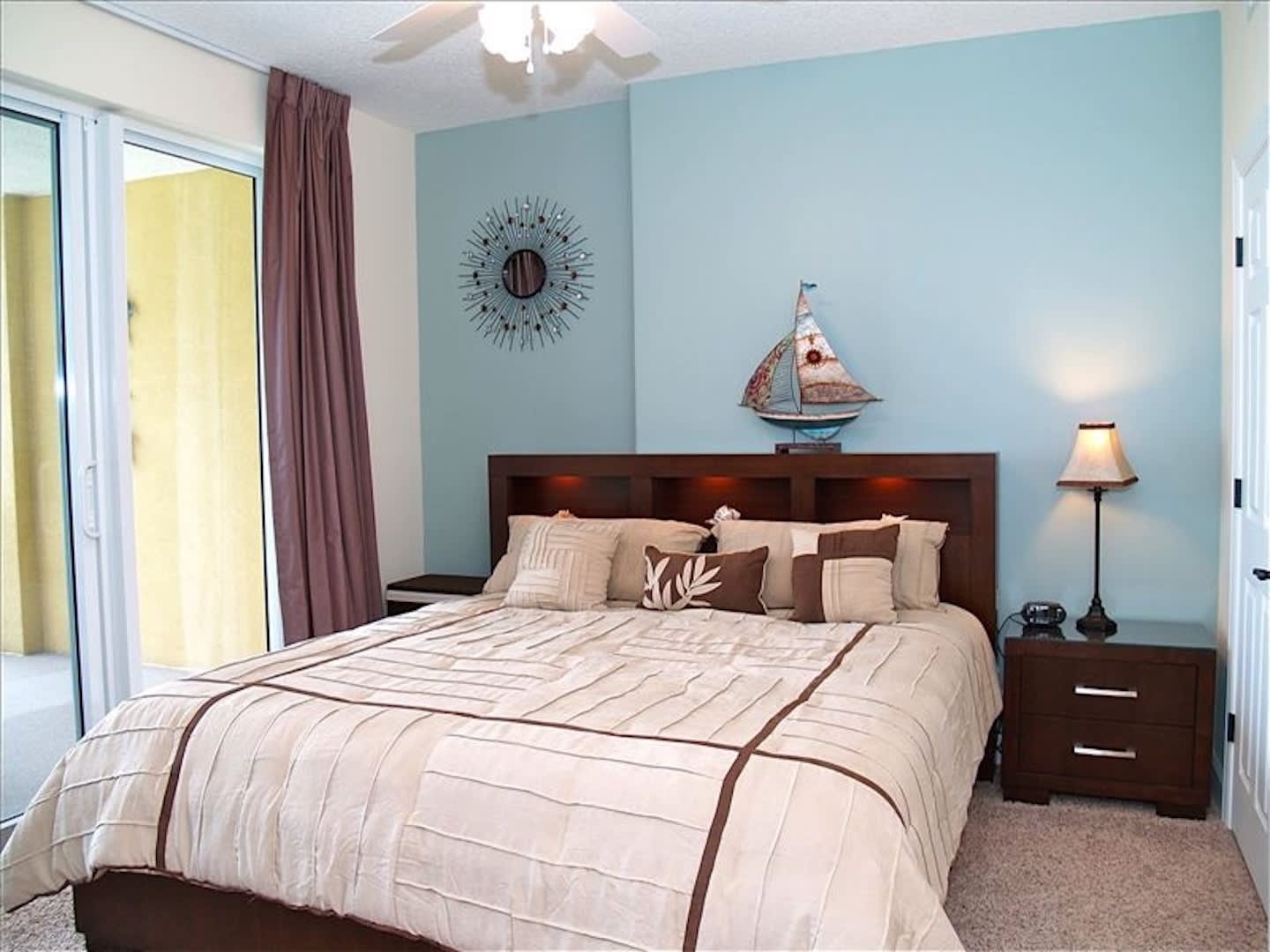 King bed in Oceanfront primary with walkout to balcony. New 43 inch Smart TV