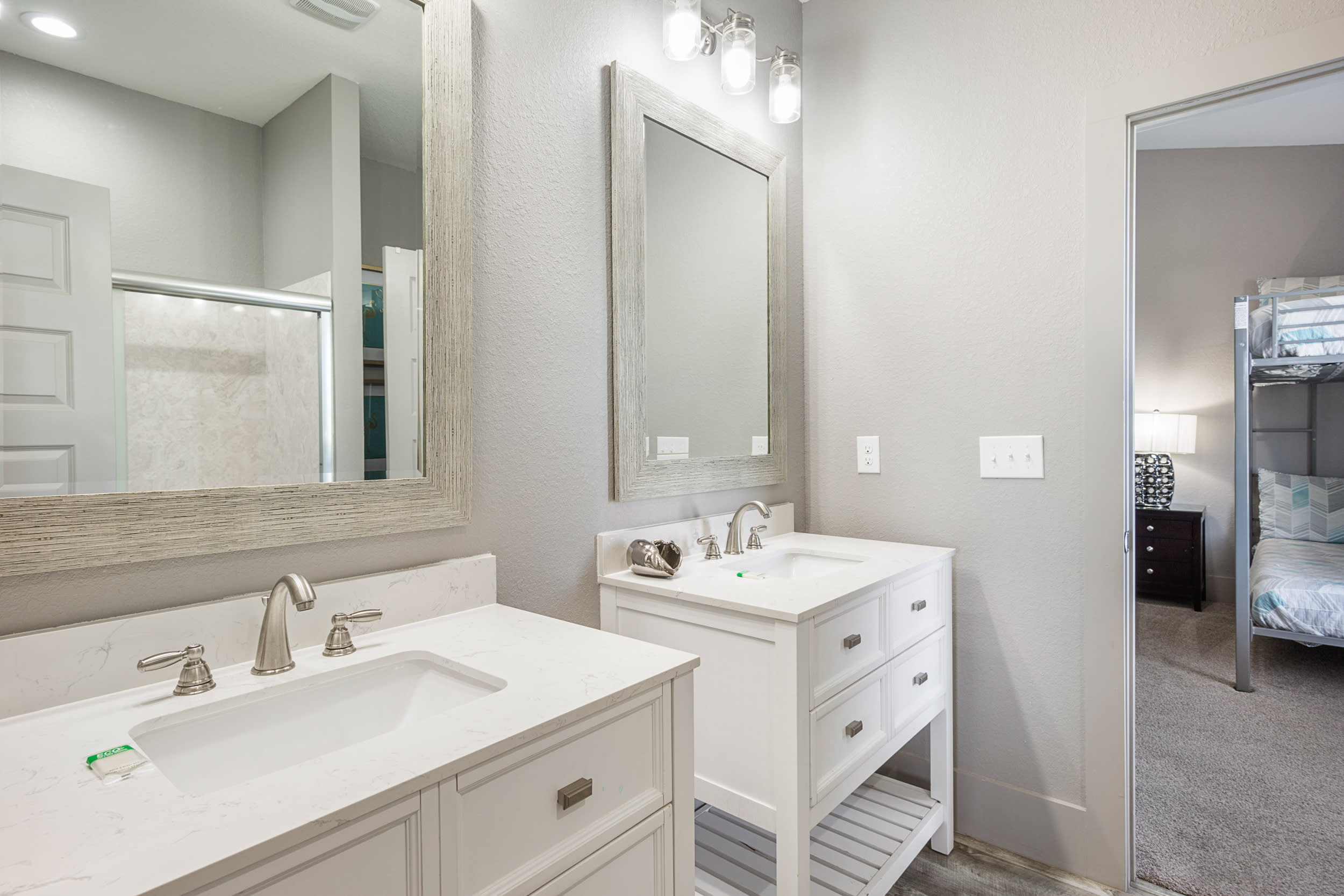 Jack and Jill bathroom has double vanity