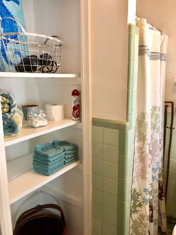 Shower is about the size of a cruise ship's, also has outdoor Hot/Cold shower