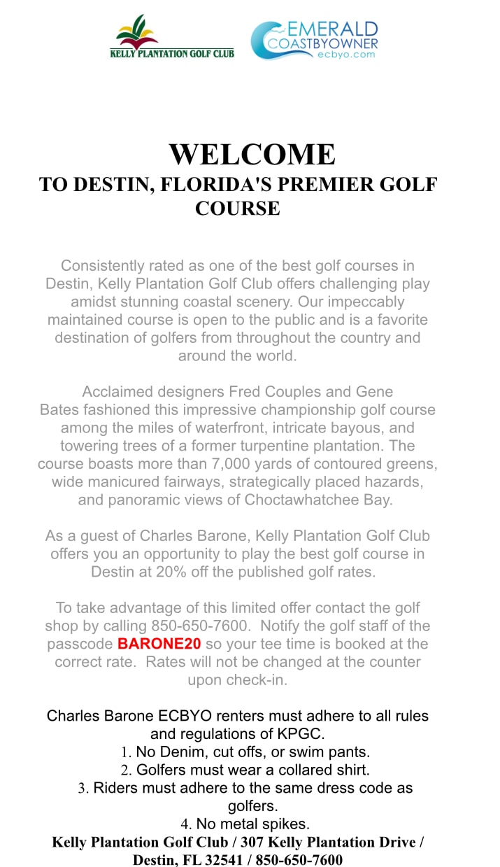SPECIAL GOLF RATES AT THE BEST COURSE IN DESTIN!!