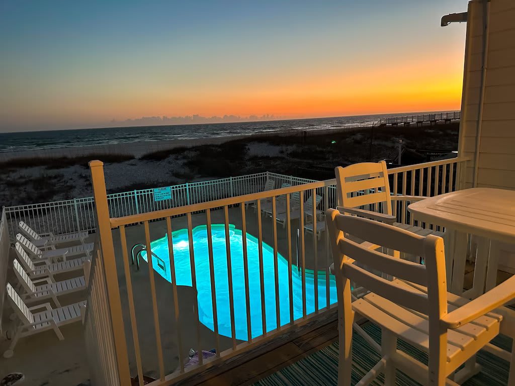 Twilight on the first level private deck. 