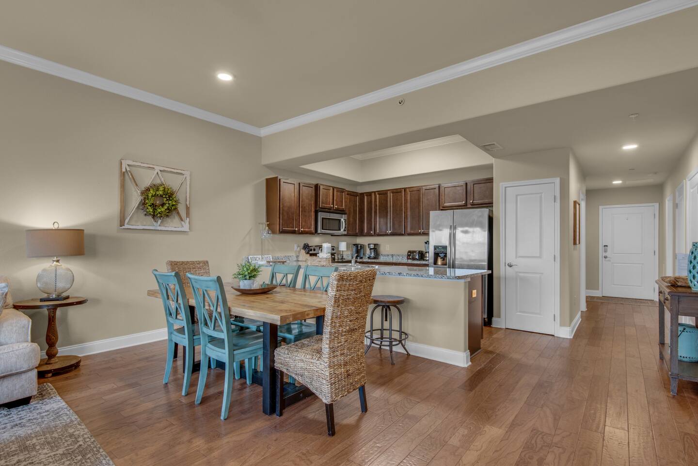 Dining room and fully stocked kitchen