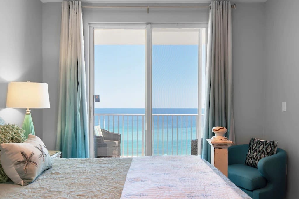 Balcony access from master bedroom, room darkening curtains