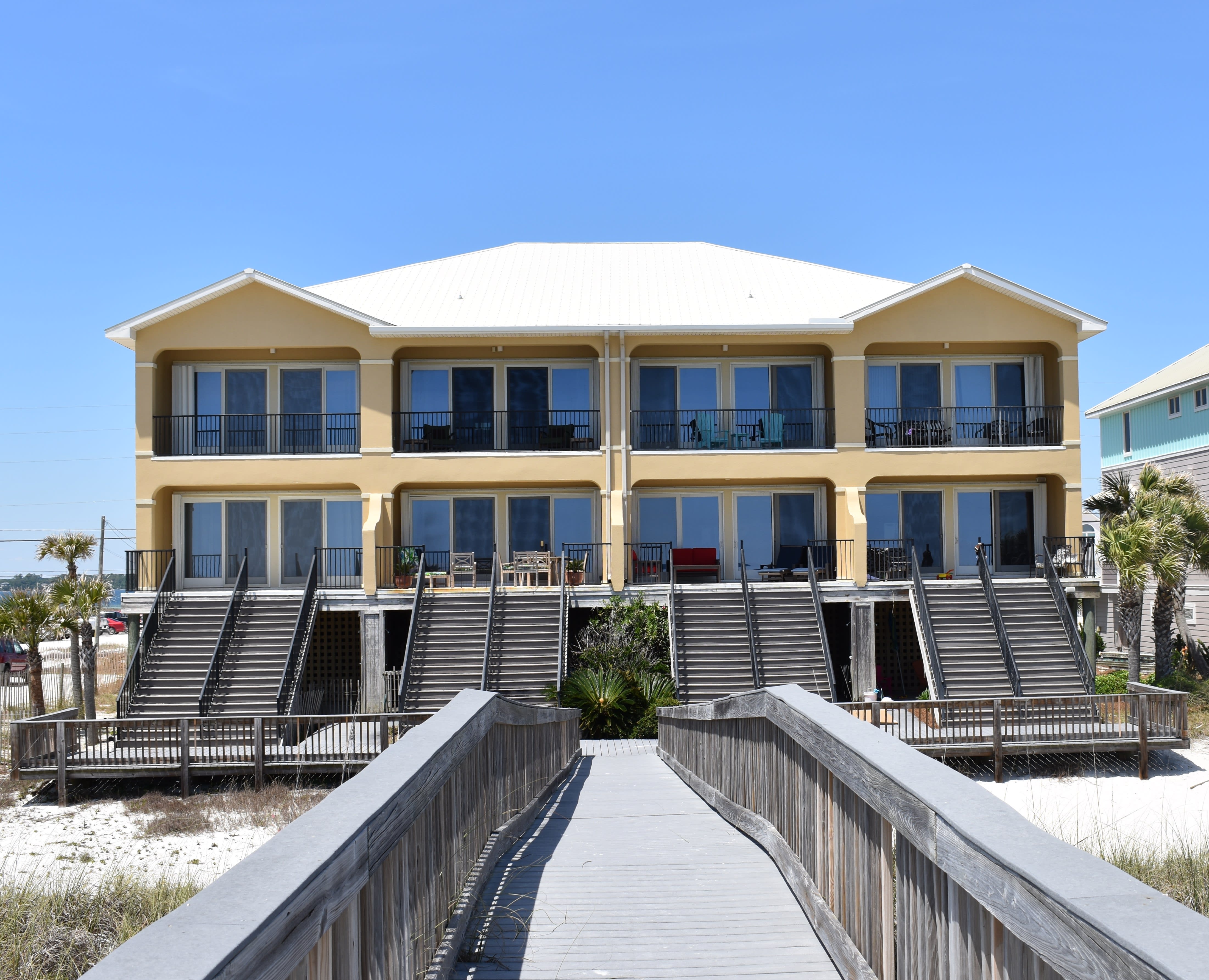 The view from the beach. We are the second from the right. Two great balconies!