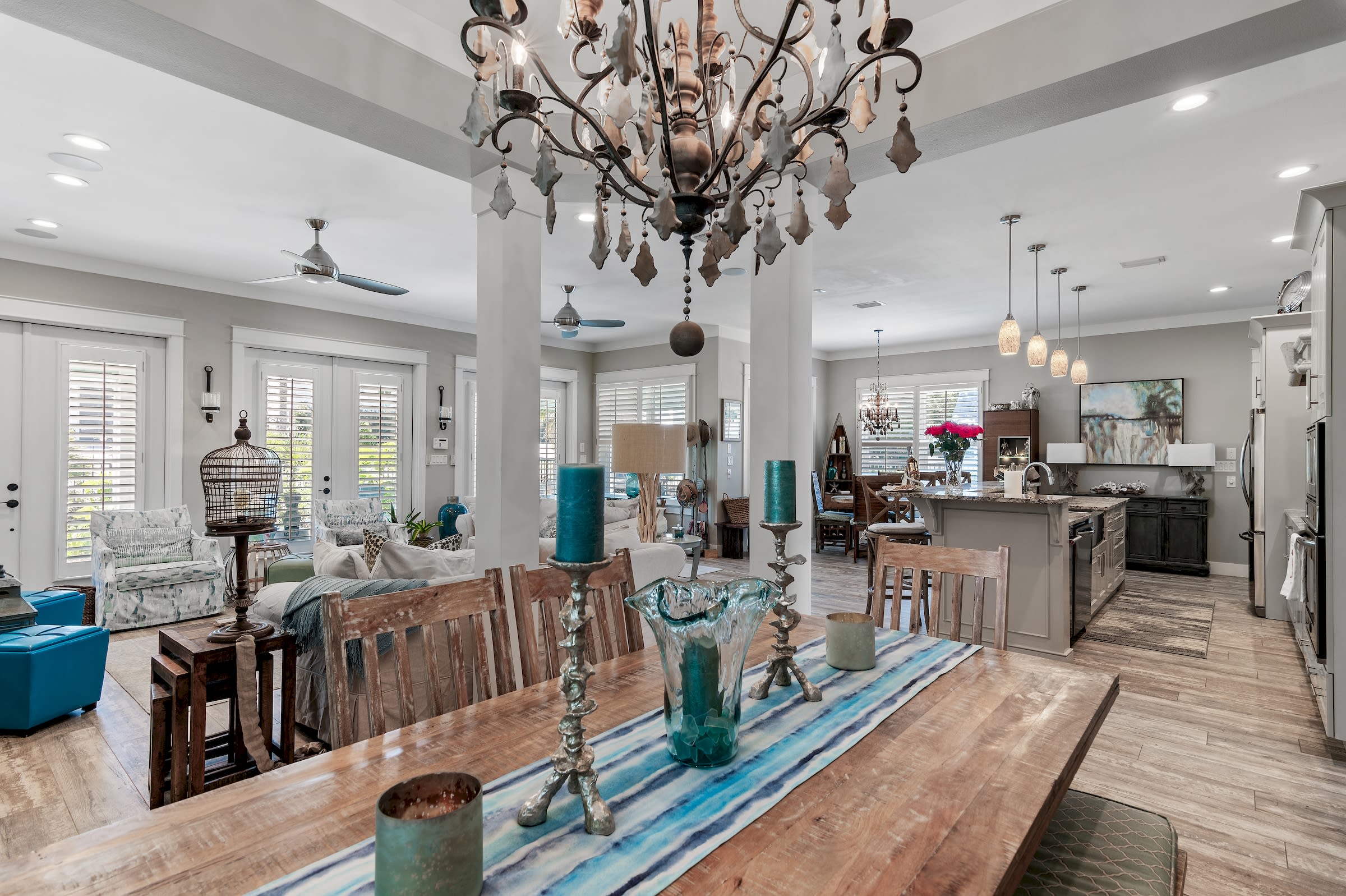 Inviting Dining Room Table with beautiful chandelier seats 8-open area 