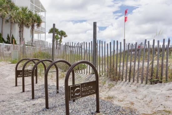 Beach access offers bike parking - looks a bit different after recent renovation