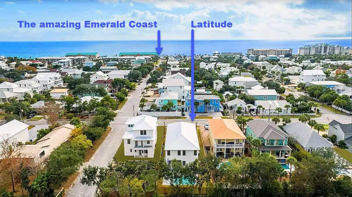 Latitude-5 Less than a minute by golf cart, or an easy two block stroll is Destin's newly renovated "Shores at Crystal Beach" access as well as 5 other neighborhood (less crowded) beach accesses.