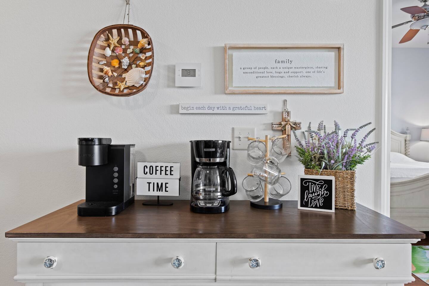 It&rsquo;s coffee time! Our coffee bar features a Keurig and a drip-style coffee maker. You&rsquo;ll also find K-Cups, sweeteners, and creamers included with your stay!