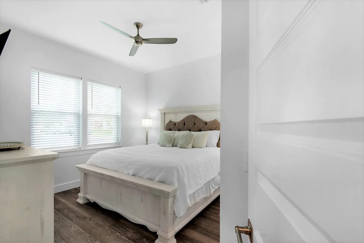 Bliss-16 1st Floor. Bedroom 1. Picture 1. King suite with private full bath with frameless glass walk-in shower. This first floor bedroom enables those with mobility challenges to easily participate in the making of the family's new memories.