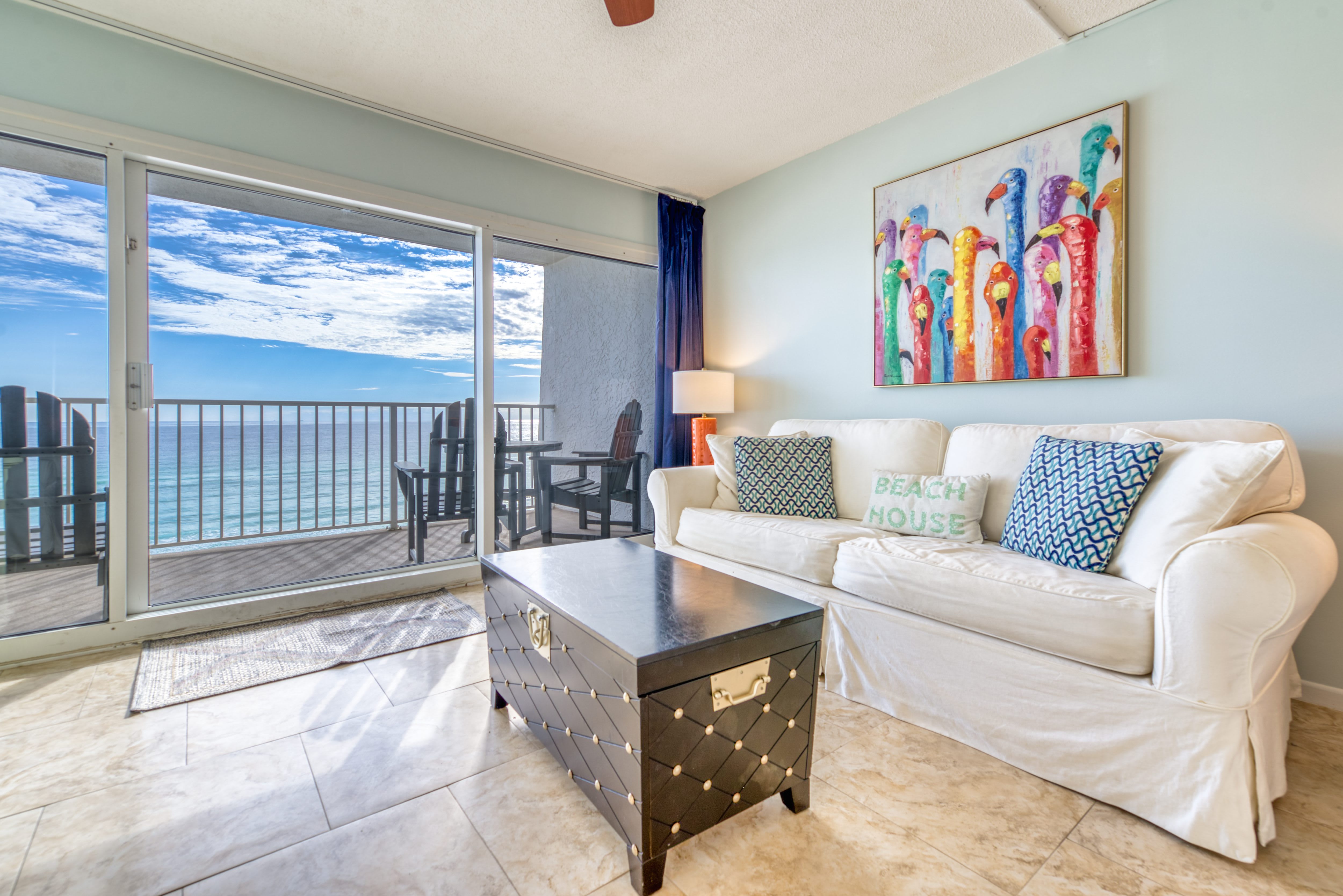 Relax in the comfy living area with stunning Gulf views!