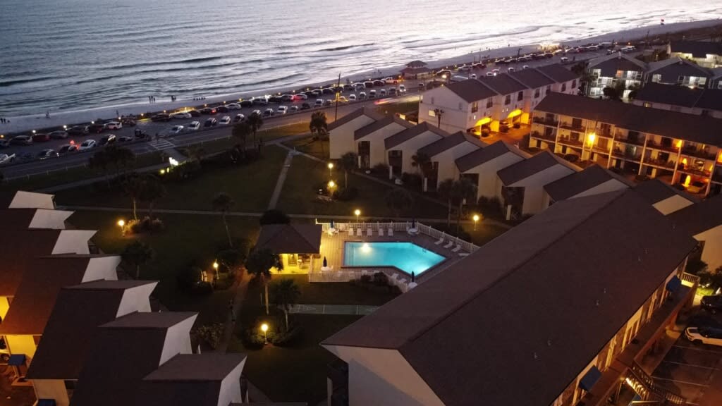 An overhead nighttime view of Blue Surf!