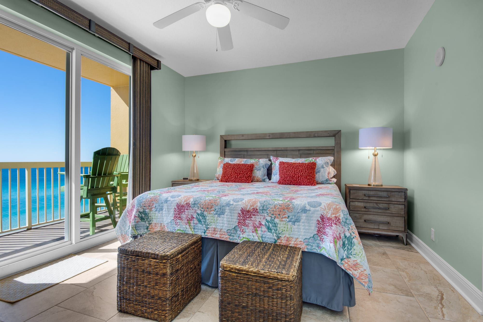Gulf front Master bedroom suite - King bed and sliding glass door onto balcony.