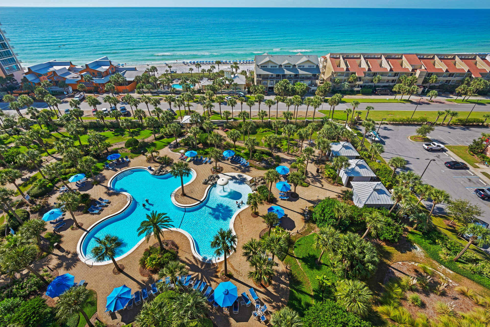 View from balcony overlooking the resort pools and The Back Porch restaurant.