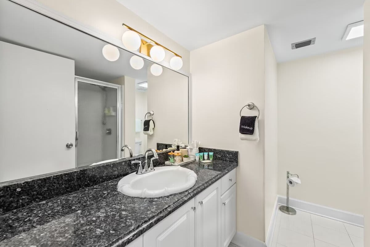 This attached bathroom is perfect for guests staying on the main level&mdash;easy, accessible, and equipped with everything you need for a comfortable stay.