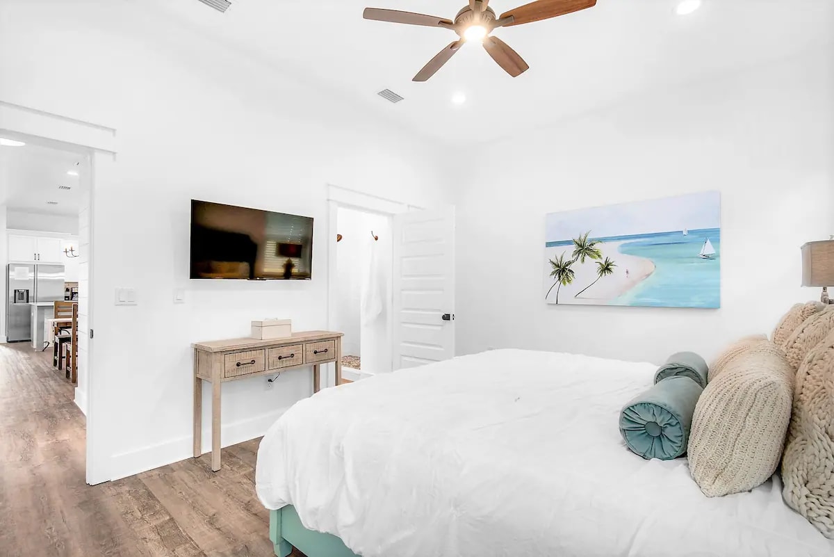 Latitude-14 1st Floor. Bedroom 1. Picture 2. King suite with private full bath with frameless glass walk-in shower.