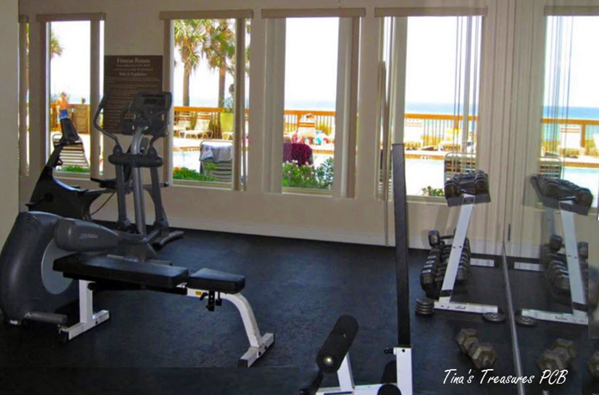 Fitness center is on the 1st floor facing pool, beach &amp; Gulf of Mexico