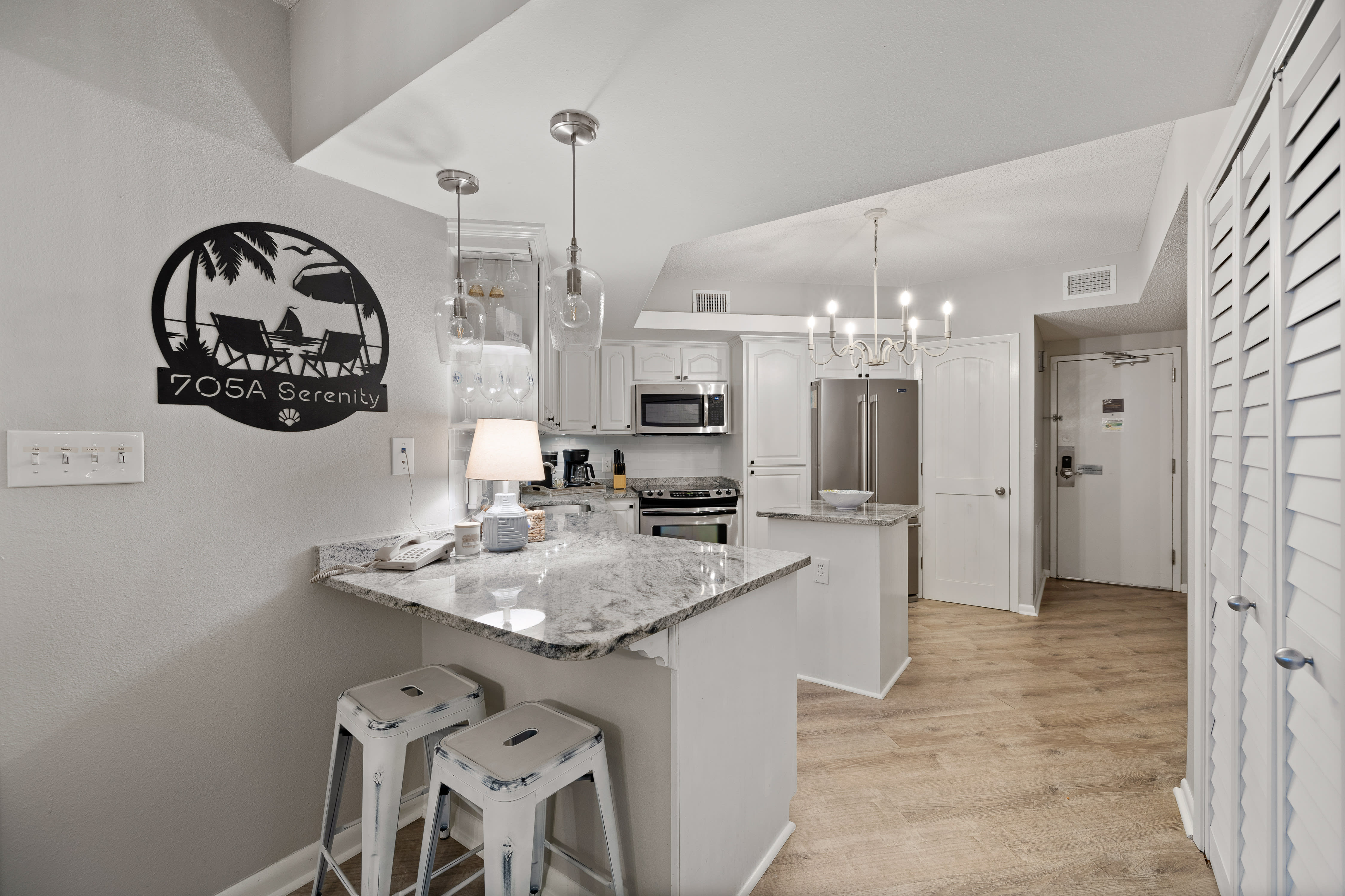 Elevated kitchen has what you need including a new stove. 