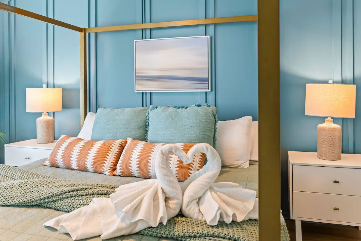 Escape to serenity at Seabreeze Villa ðŸŒŠ Unwind in this coastal chic bedroom, where soothing hues and cozy textures invite you to relax after sun-soaked adventures. Your beachside retreat awaits&mdash;reserve your stay today! ðŸ›ï¸âœ¨