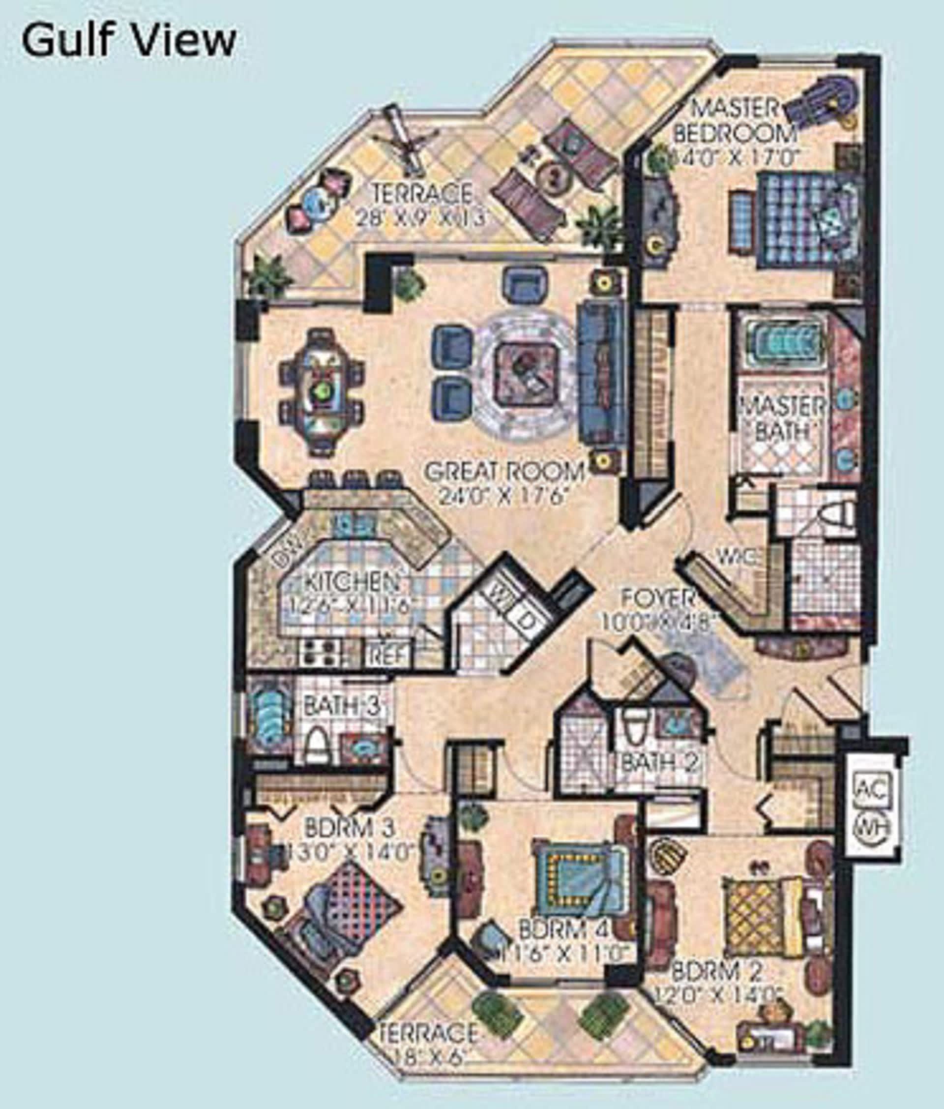 Spacious floor plan of our 4 bedroom condo.  Furniture drawn does not apply.