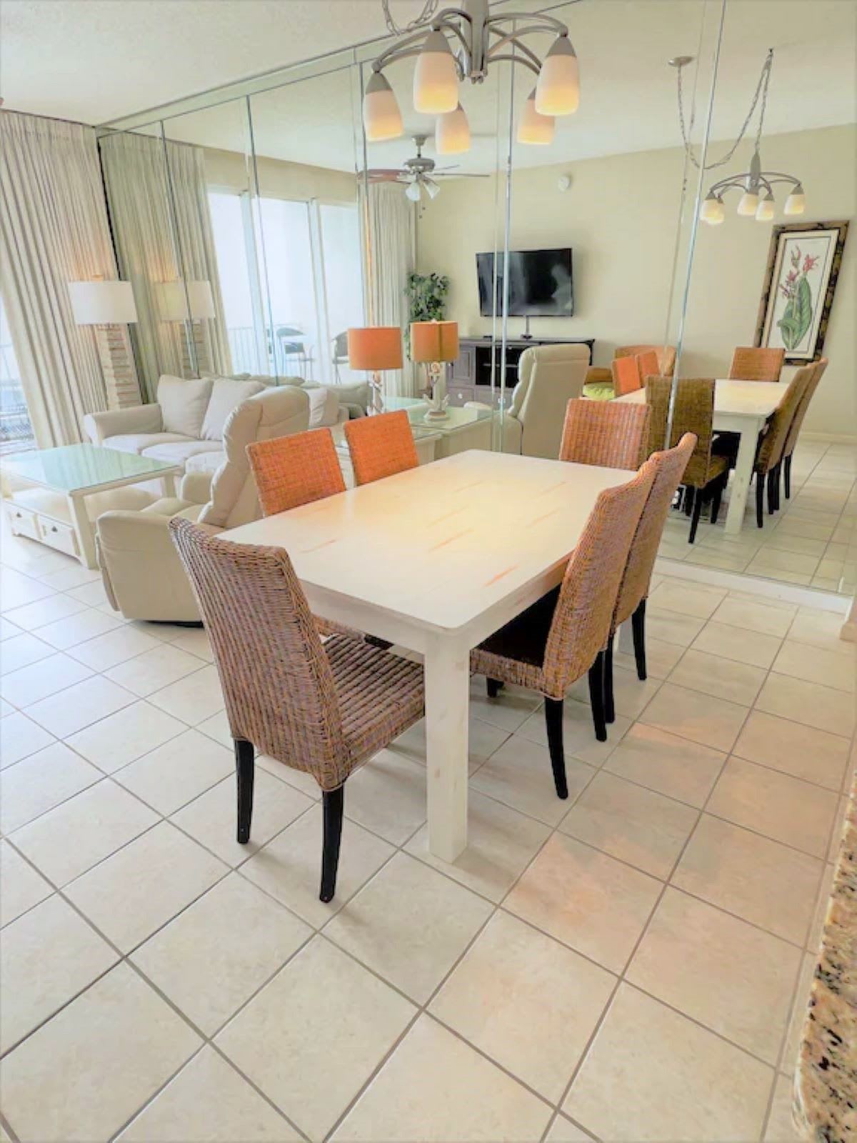 Dining table seats six.