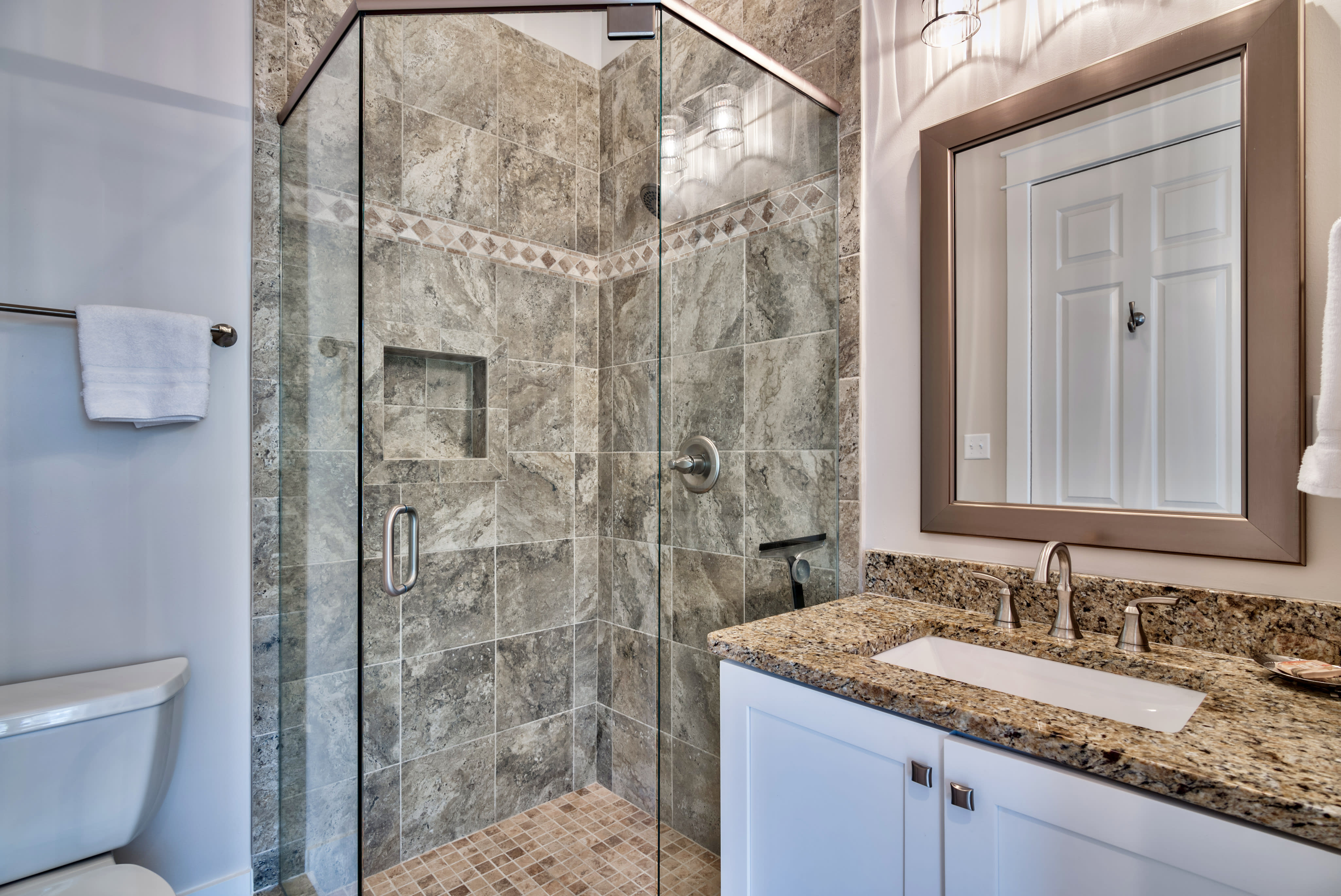 Main floor bedroom and living area shared full Bathroom